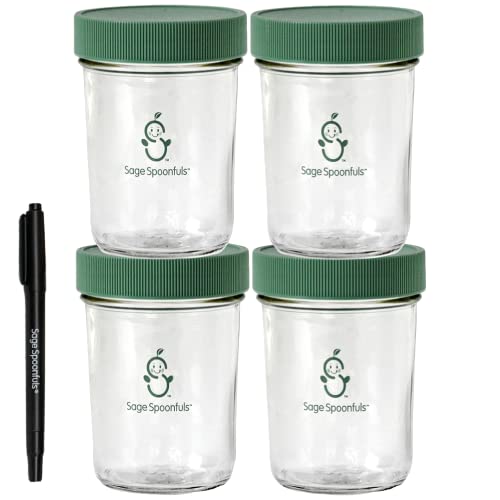 Sage Spoonfuls 8oz Glass Baby Food Storage Jars - 4-Pack Reusable Airtight Containers with Lids - BPA-Free, Leakproof, Dishwasher, Microwave & Freezer Safe - Perfect for Homemade Baby Food, Meal Prep & Leftovers Storage