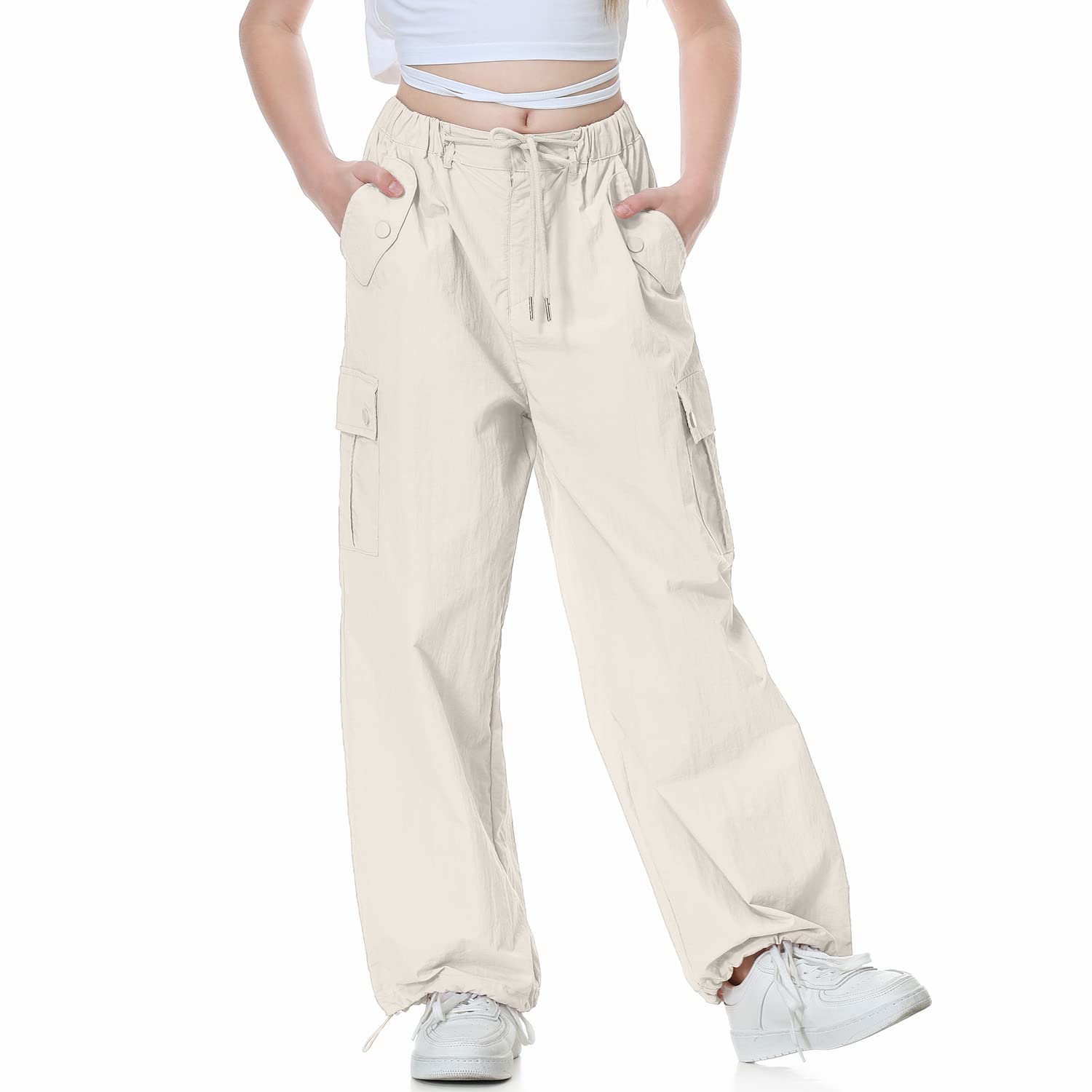 Rolanko Girls' Y2K Cargo Jogger Pants with Pockets - Trendy Harajuku Style Parachute Pants for Kids Ages 4-14 - Perfect for School, Streetwear & Casual Outfits