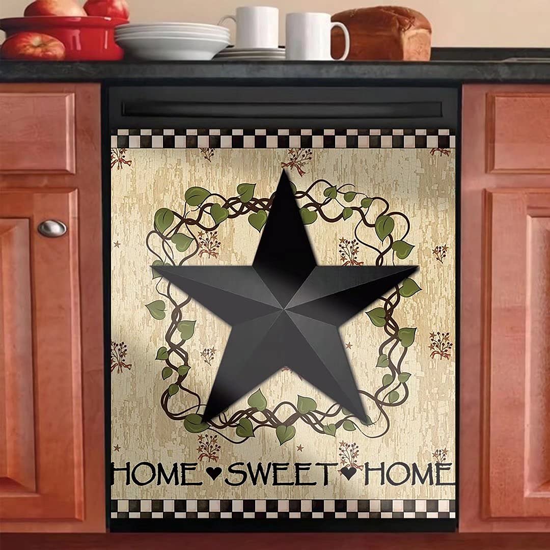 Black Prim Barn Star & Wreath Magnetic Dishwasher Cover - Decorative Front Panel Sticker for Kitchen Appliances - Perfect for Farmhouse, Rustic, and Vintage Style Home Decor