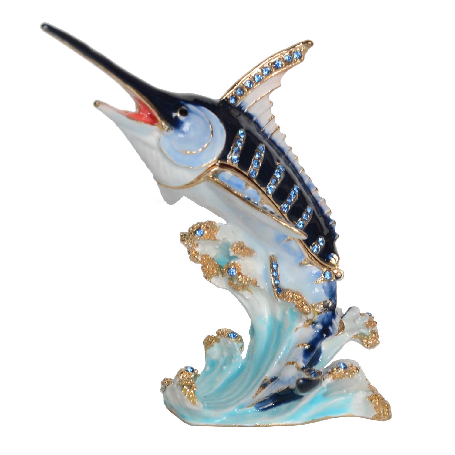 Hand-Painted Blue Marlin Trinket Box - Jewelry Storage with Hinged Lid, Ring & Earring Holder - Decorative Fish Figurine Collectible - Perfect for Beach House Decor, Gift for Fishermen & Nautical Theme Rooms