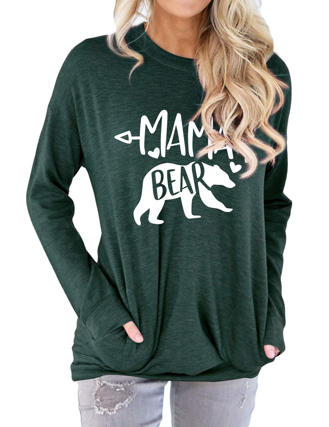 SLEITY Women's Mama Bear Graphic Sweatshirt - Cozy Long Sleeve Loose Fit Pullover with Pockets - Perfect for Casual Wear, Mother-Daughter Matching Outfits & Family Photo Shoots