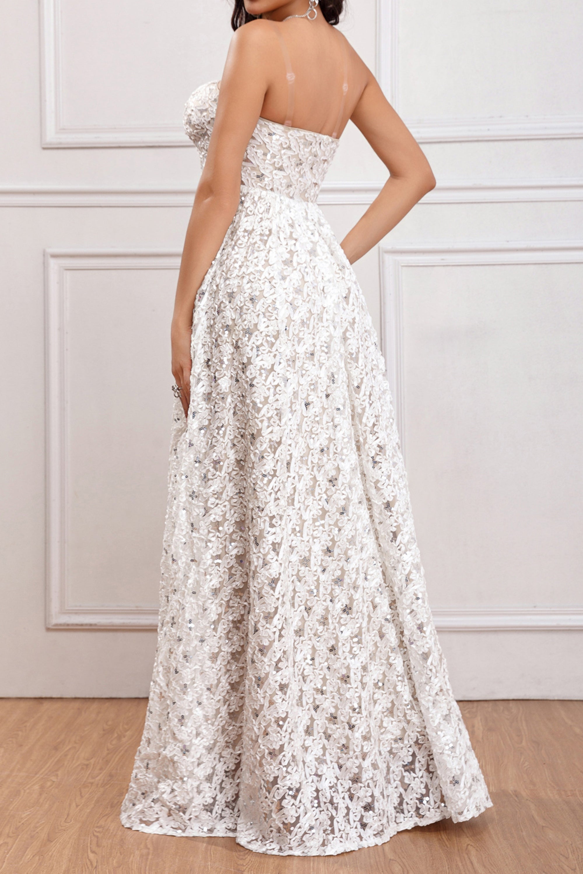 Elegant White Sequin A-Line Maxi Dress for Women - Perfect for Prom, Evening Parties & Special Occasions