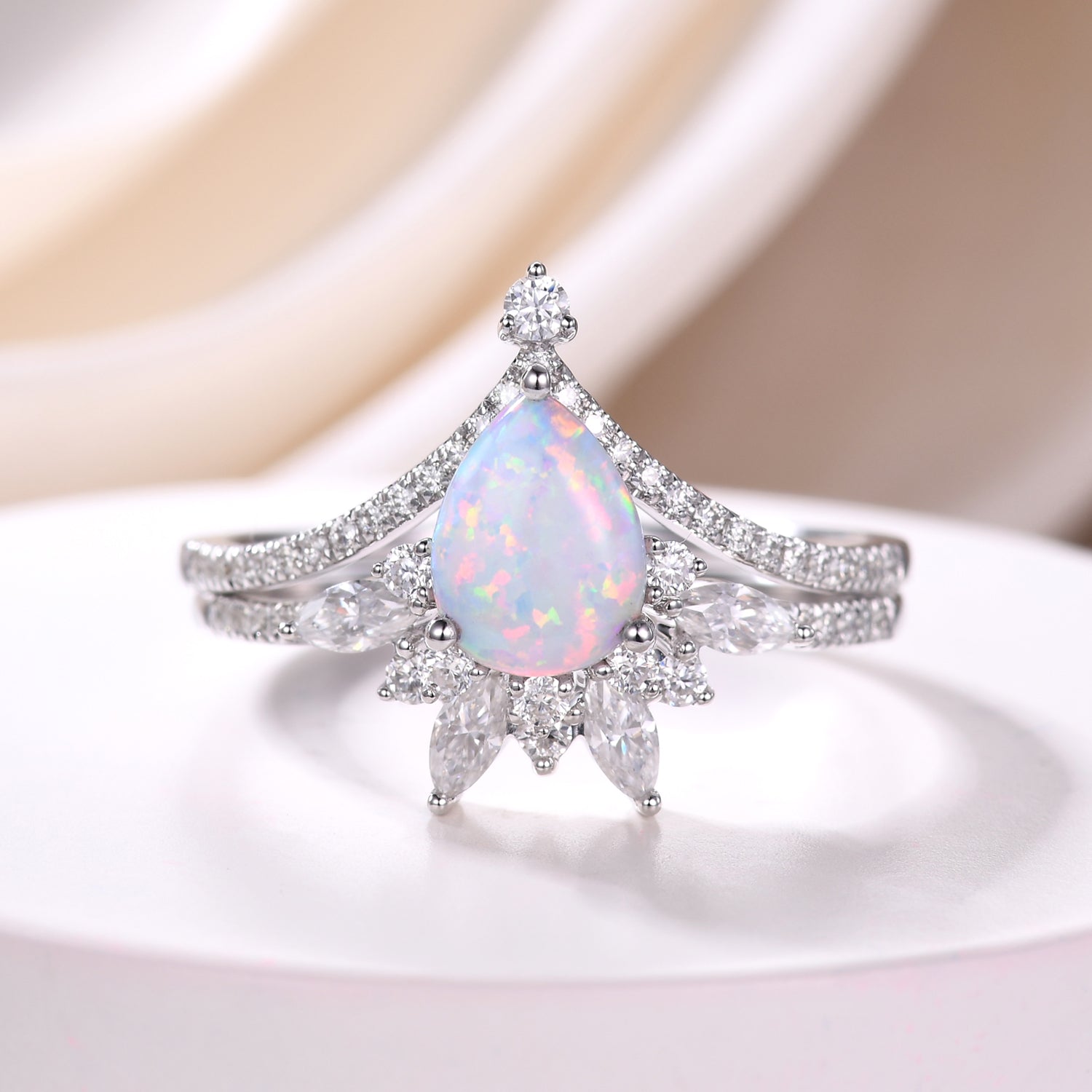Vintage Opal Wedding Ring Set - 14k White Gold Moissanite Curved Band for Women - Elegant Bridal Jewelry for Engagement, Anniversary & Special Occasions