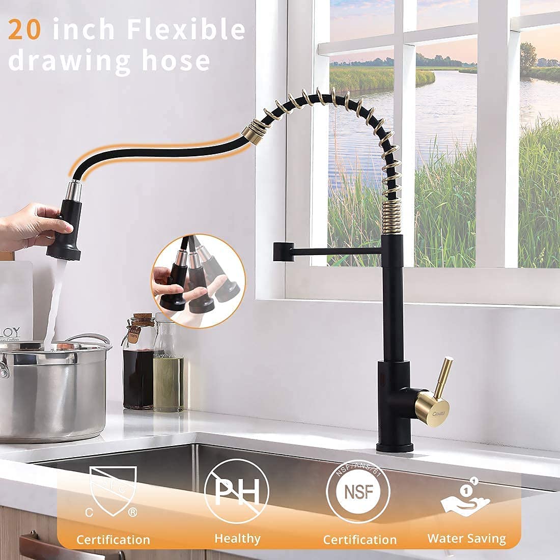 GIMILI Touchless Spring Kitchen Faucet with Soap Dispenser - Matte Black & Gold Finish, Motion Sensor Water Saving Faucet for Modern Home Kitchen Sink