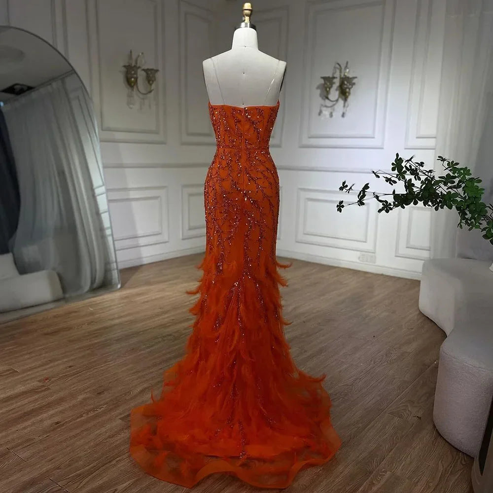 Serene Hill Orange Spaghetti Strap Mermaid Evening Dress with Feathers & Beading - Elegant Women's Formal Gown for Weddings, Parties & Special Occasions | 2025 LA72272