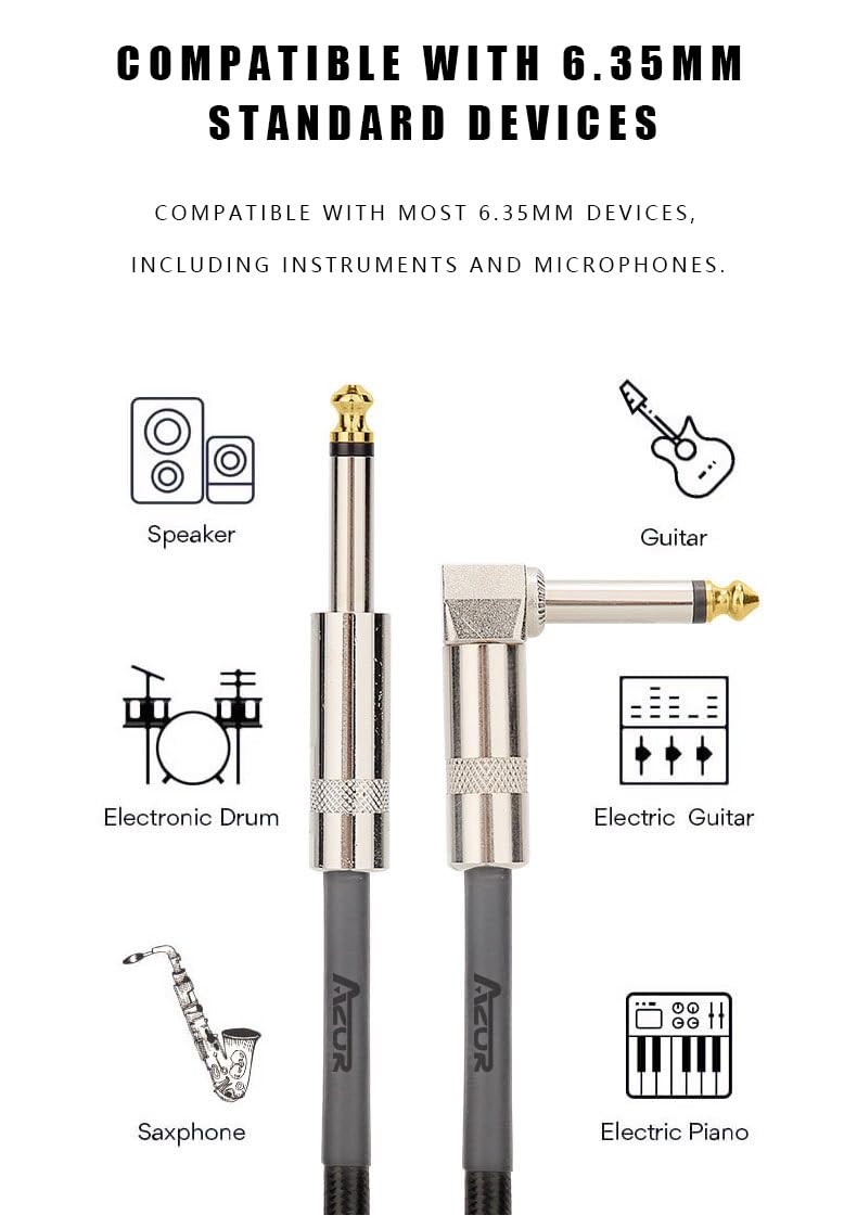 AZOR TS 1/4 Inch Guitar Cable 10ft - High Fidelity Electric Instrument Cord for Electric Guitar, Bass, and Amp - Right Angle to Straight Connector - Durable Black Audio Cable - Perfect for Live Performances, Studio Recording & Home Practice