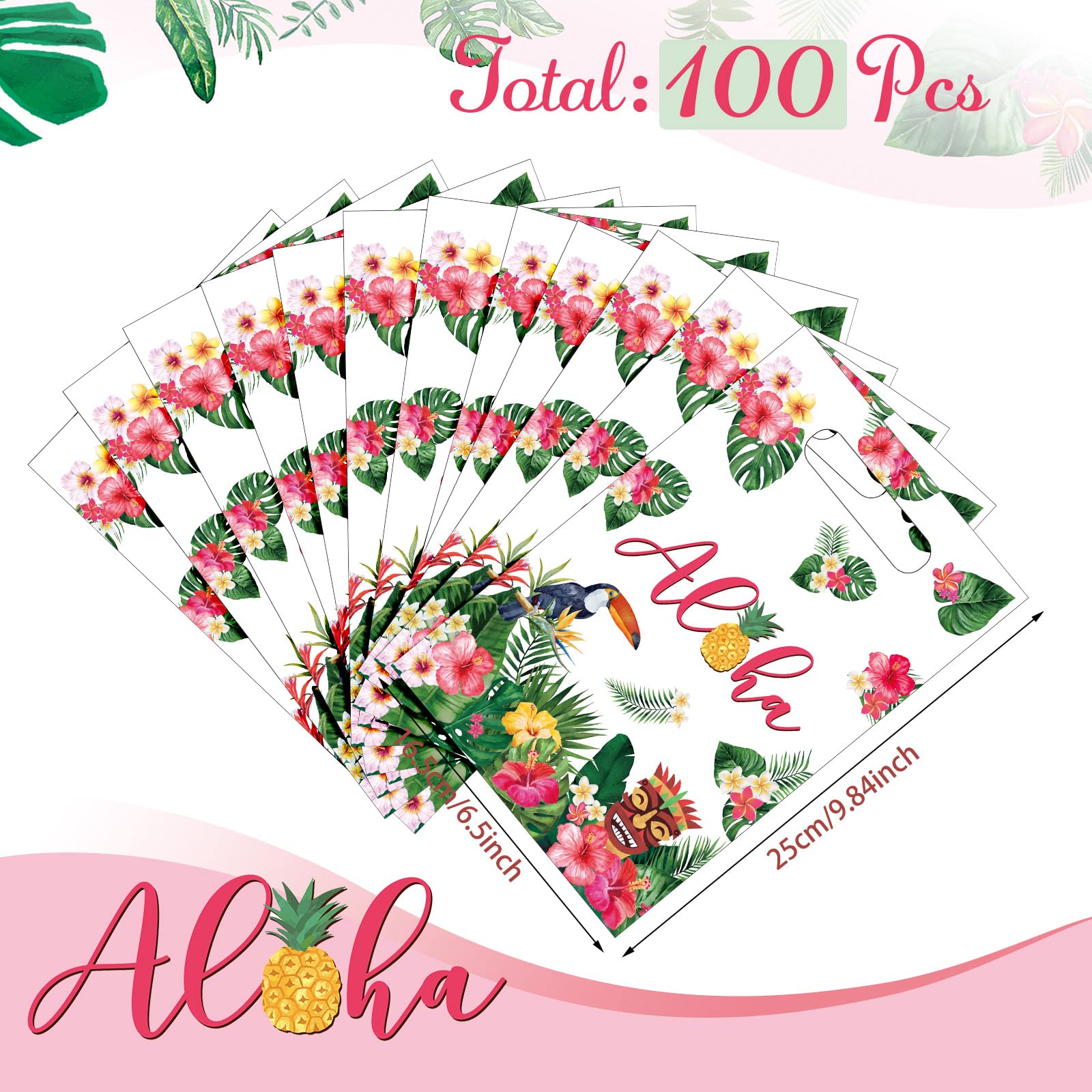 PerKoop 100 Pcs Hawaiian Plastic Gift Bags with Die-Cut Handles - Tropical Aloha Party Supplies for Summer Luau, Tiki Theme & Beach Celebrations | Perfect for Hawaiian-Themed Parties, Luau Favors & Tropical Decorations