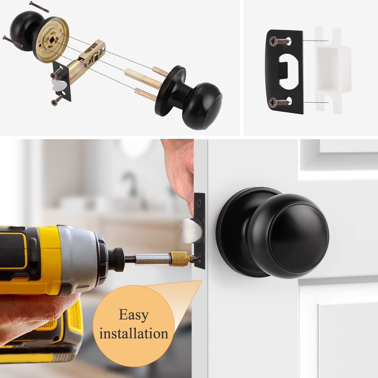 Probrico 10-Pack Matte Black Interior Door Knobs - Keyless Flat Ball Design for Hallway, Closet & Bedroom Doors | Durable Passage Door Handles for Home & Office