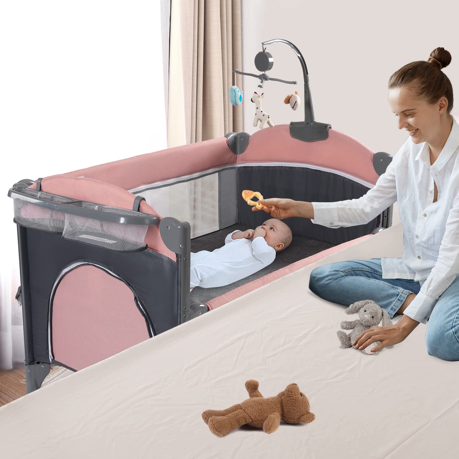 5-in-1 Baby Crib & Bassinet with Changing Table, Portable Travel Bed, Toys & Music Box - Pink Nursery Bedside Sleeper with Mattress for Newborns, Infants, Boys & Girls | Perfect for Home, Travel & Co-Sleeping
