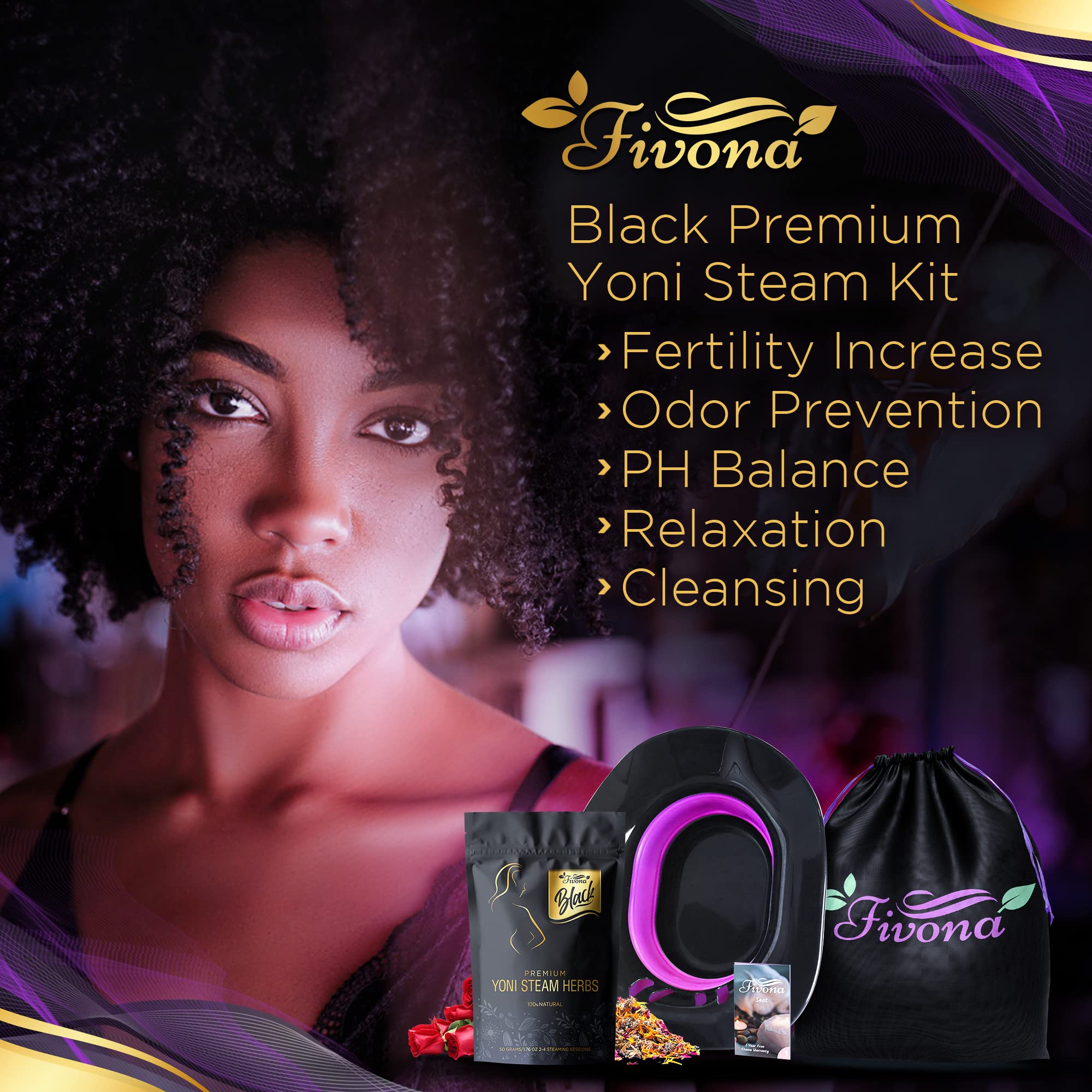 Fivona 3-in-1 Yoni Steam Kit for Women - Foldable Portable Vaginal Steamer Seat with Herbal Blends & Storage Bag - Natural Detox, pH Balance & Relaxation - At-Home V-Spa Treatment for Feminine Care & Wellness (Black)