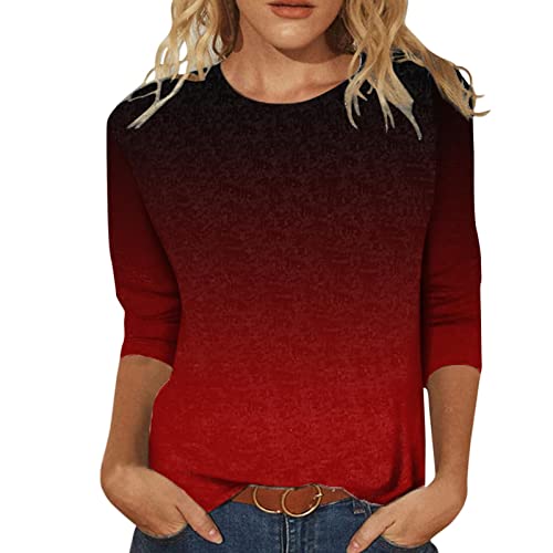 Women's Casual Gradient Print O-Neck 3/4 Sleeve T-Shirt Blouse - White Long Sleeve Compression Top (Wine, XXL) - Perfect for Work, Date Night & Everyday Wear