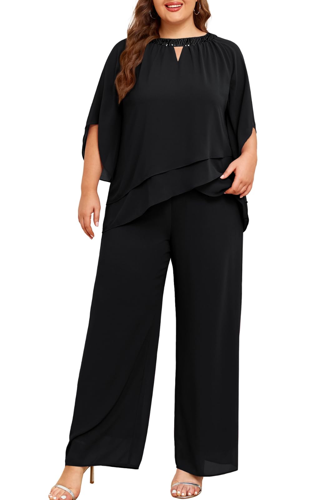 Elegant Plus Size Mother of the Bride Pant Suits - Hanna Nikole 2-Piece Chiffon Pantsuit with Half Sleeves for Wedding Guest & Formal Occasions | Perfect for Church Ceremonies, Receptions & Special Events