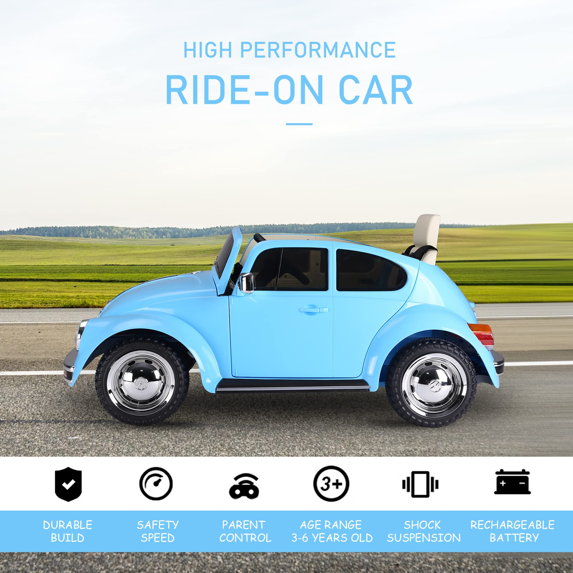 **Volkswagen Beetle Electric Kids Ride-On Car – 6V Battery-Powered Toy with Remote Control, Music, Horn & LED Lights – Blue Ride-On Car for Boys & Girls Ages 3-6 – Perfect for Indoor & Outdoor Play**