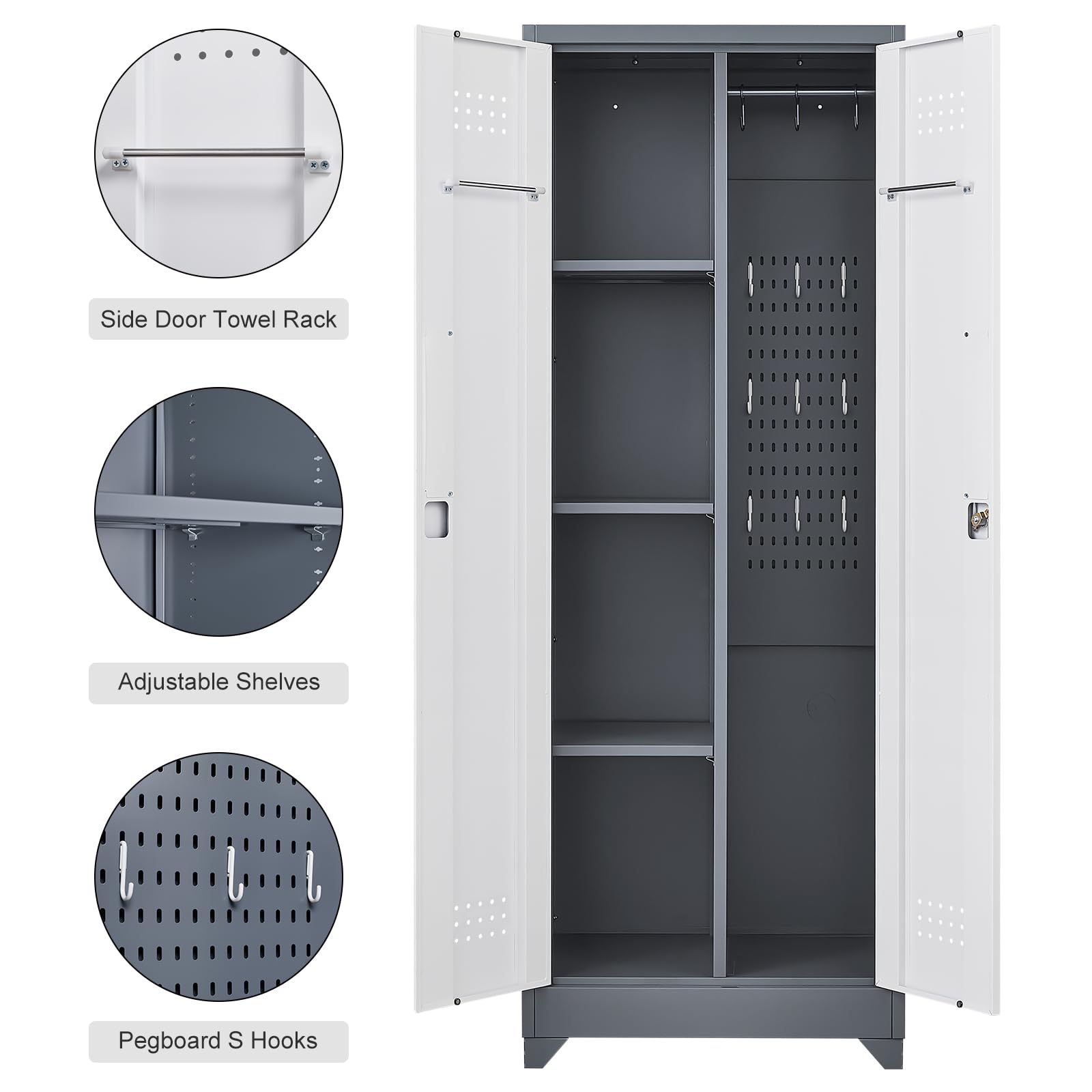 Metal Broom Closet Storage Cabinet with Pegboard & Hanging Rod - Heavy Duty Cleaning Tool Organizer for Laundry Room, Basement, Garage & Utility Room Storage Solutions