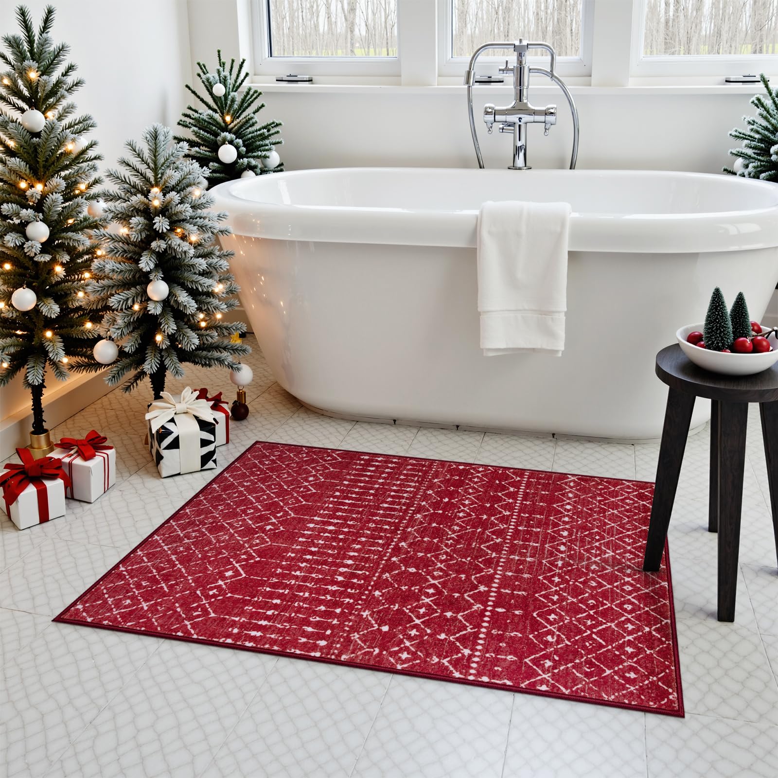 Beeiva Moroccan Christmas Entryway Rug 2x3 ft - Washable Non-Slip Rubber Backed Geometric Small Rug for Kitchen, Bathroom, Living Room - Soft Low-Pile Throw Rug in Red - Perfect for Holiday Decor & High Traffic Areas
