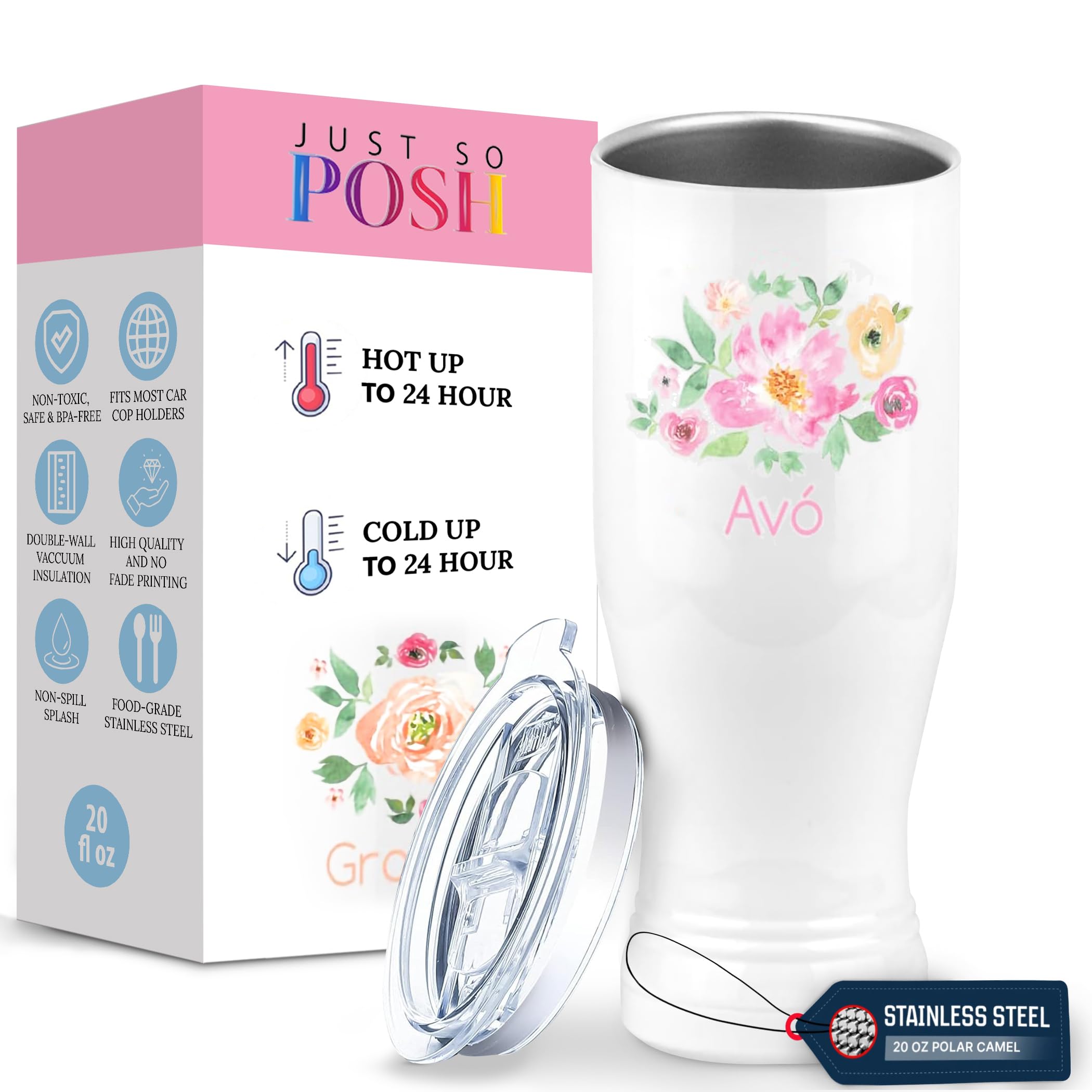 Avó Flowers Tumbler - 14oz Stainless Steel Vacuum Insulated Pilsner Glass with Lid - White Polar Camel Design - Perfect for Beer, Cocktails & Iced Drinks at Home, Parties or Outdoor Events