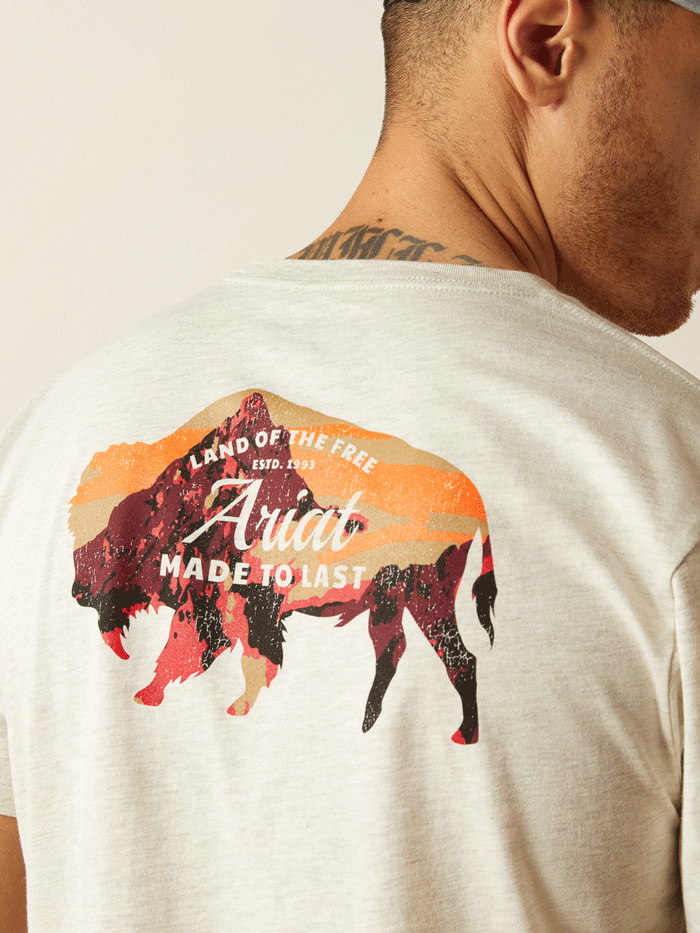 Ariat Men's Bison Landscape T-Shirt - Comfortable Oatmeal Heather Cotton Tee for Outdoor Adventures & Casual Wear