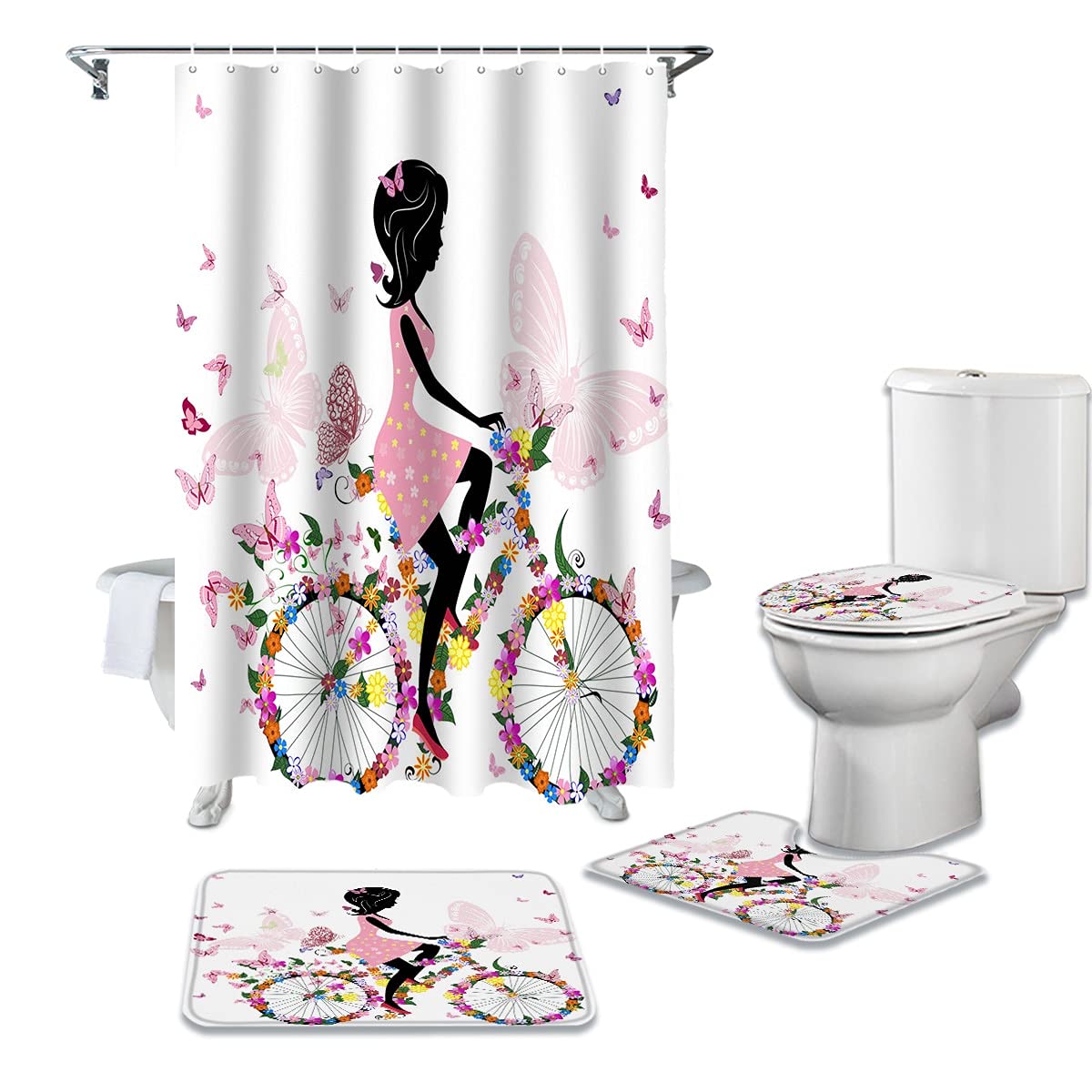 Butterfly & Bicycle Shower Curtain 4-Piece Set - Waterproof Fabric Bathroom Decor with Matching Rug & Bath Mat - Perfect for Kids' Bathroom, Nursery, or Vintage Themed Decor