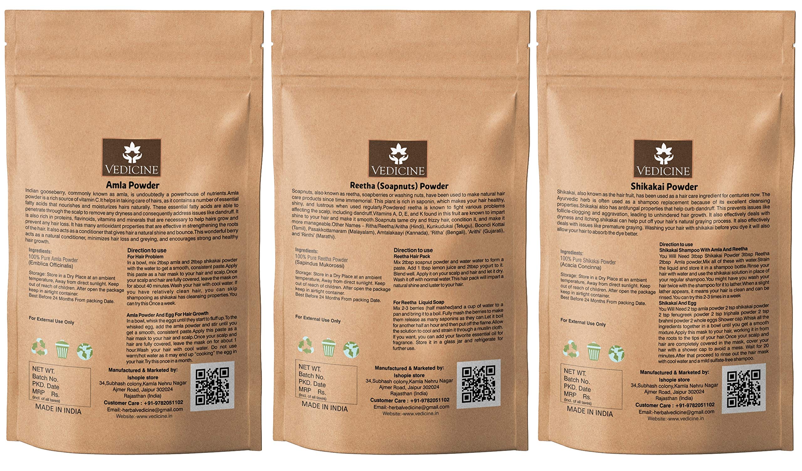 VEDICINE Pure Natural Amla Reetha Shikakai Hair Powder - Ayurvedic Herbal Treatment for Hair Growth & Scalp Care (100g Combo Pack) - Perfect for DIY Hair Masks, Deep Conditioning & Natural Hair Care Routine