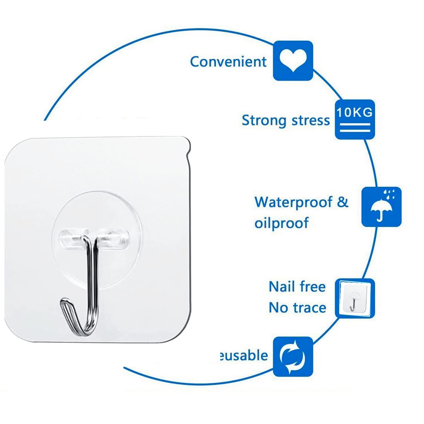 KK5 Heavy Duty Adhesive Hooks - 22 lbs Weight Capacity, Transparent Wall Hooks (30 Pack) - Perfect for Hanging Towels, Coats, Keys, and Home Decor in Bathroom, Kitchen, or Entryway