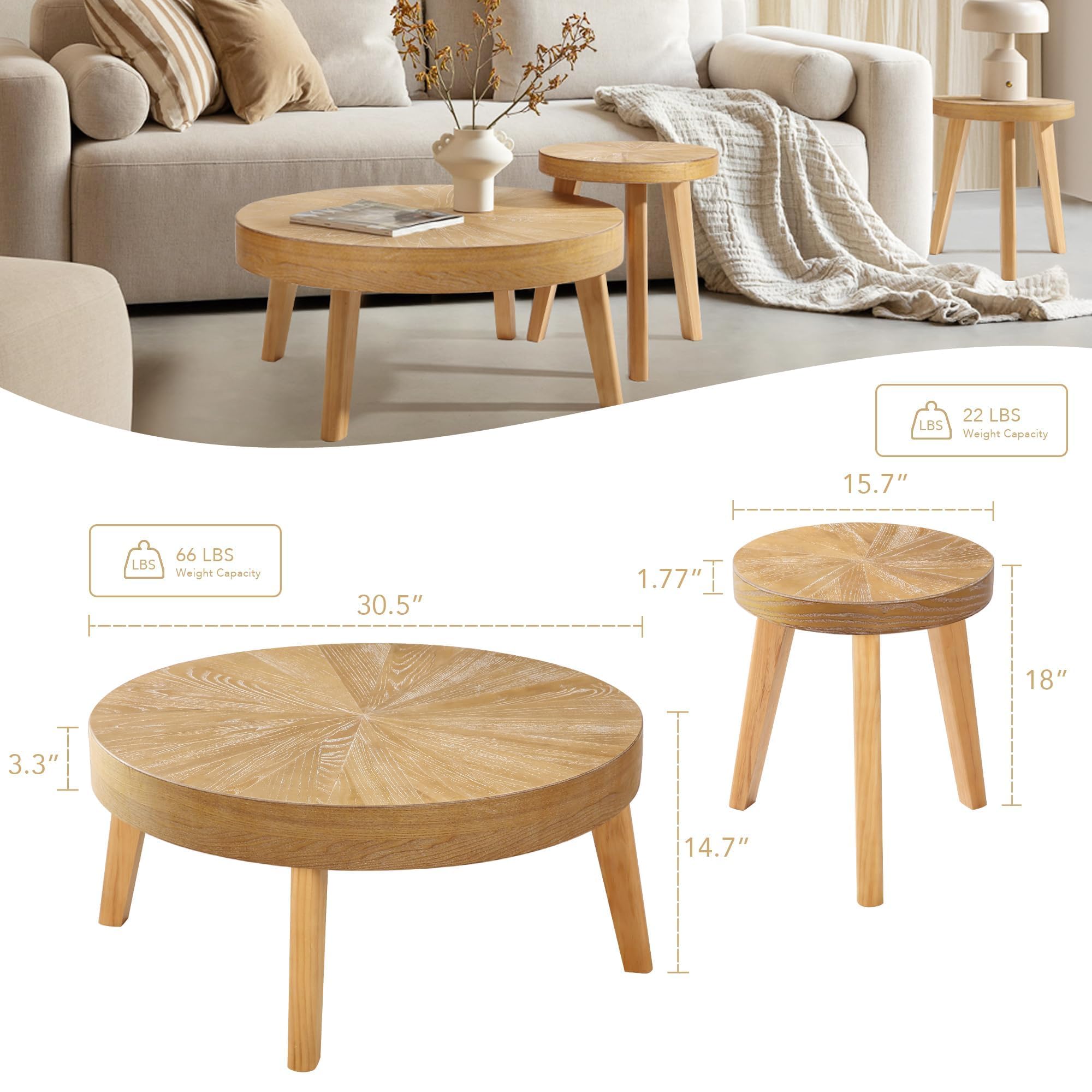 Rustic Round Coffee Table Set of 3 - Boho Chic Nesting Side Tables with Natural Wood Finish for Living Room, Bedroom & Home Office - Perfect for Small Spaces, Coffee Time & Home Decor