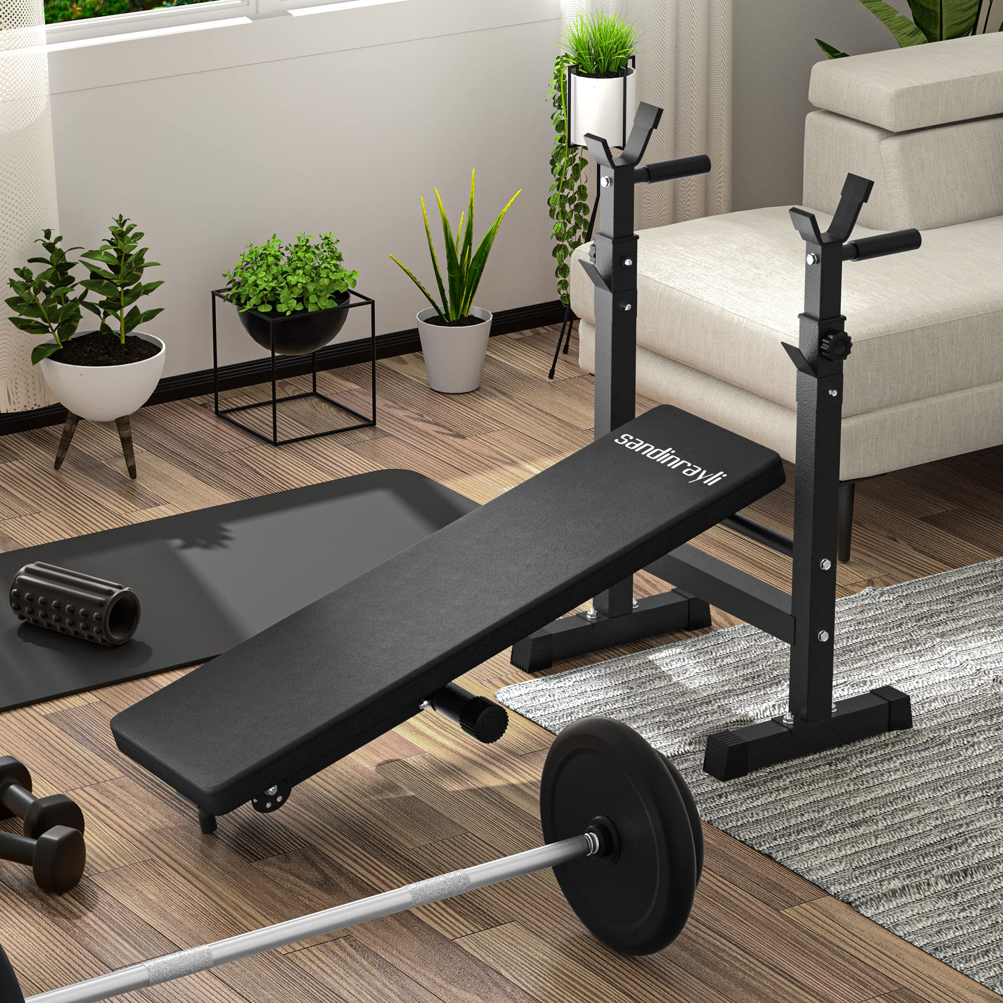 Sandinrayli Adjustable Weight Bench for Home Gym - Foldable Bench Press with Barbell Rack, Full Body Workout Equipment for Strength Training | Perfect for Small Spaces & Home Fitness Routines