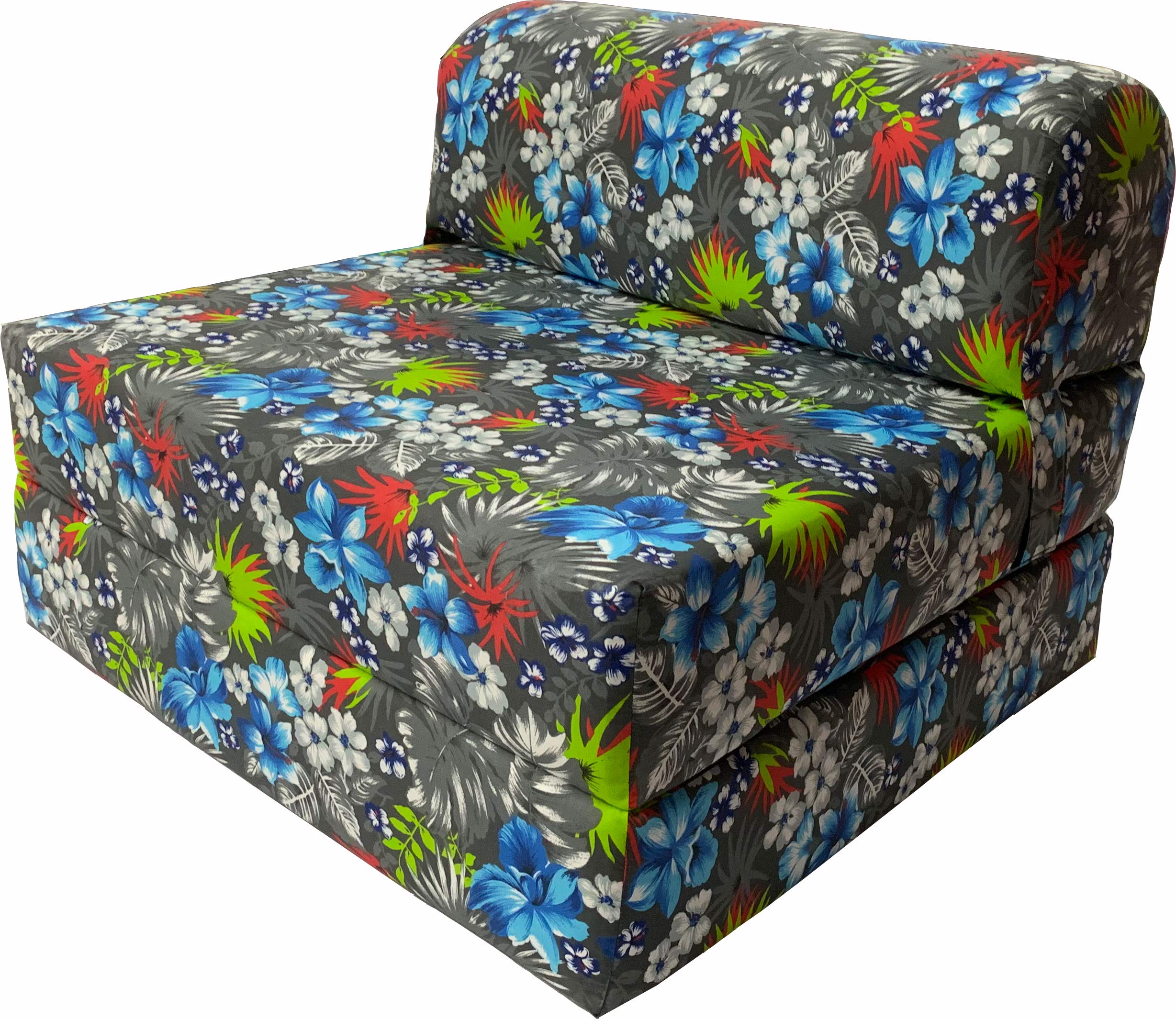 Blue Tropical Flowers D&D Futon Sleeper Chair - Foldable Foam Bed (6x32x70 Inches) for Studio & Guest Use - High Density 1.8lb Foam Sofa Couch | Perfect for Small Spaces, Guest Rooms & Dormitories