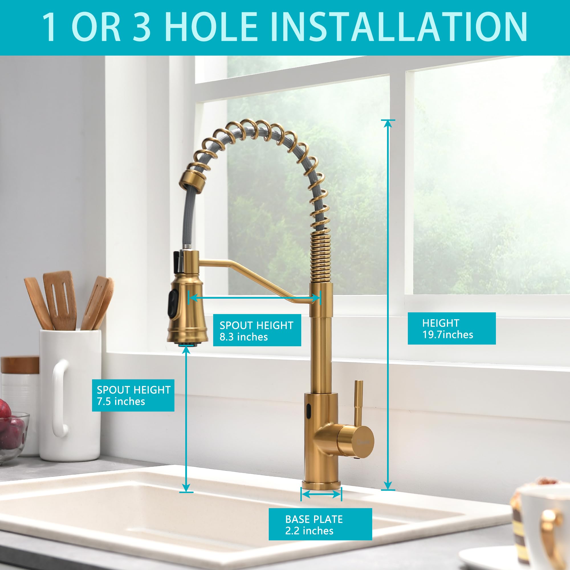 Gold Touchless Kitchen Faucet with Motion Sensor - Hands-Free Pull Down Sprayer for Sink (Brushed Brass) - Perfect for Modern Kitchens