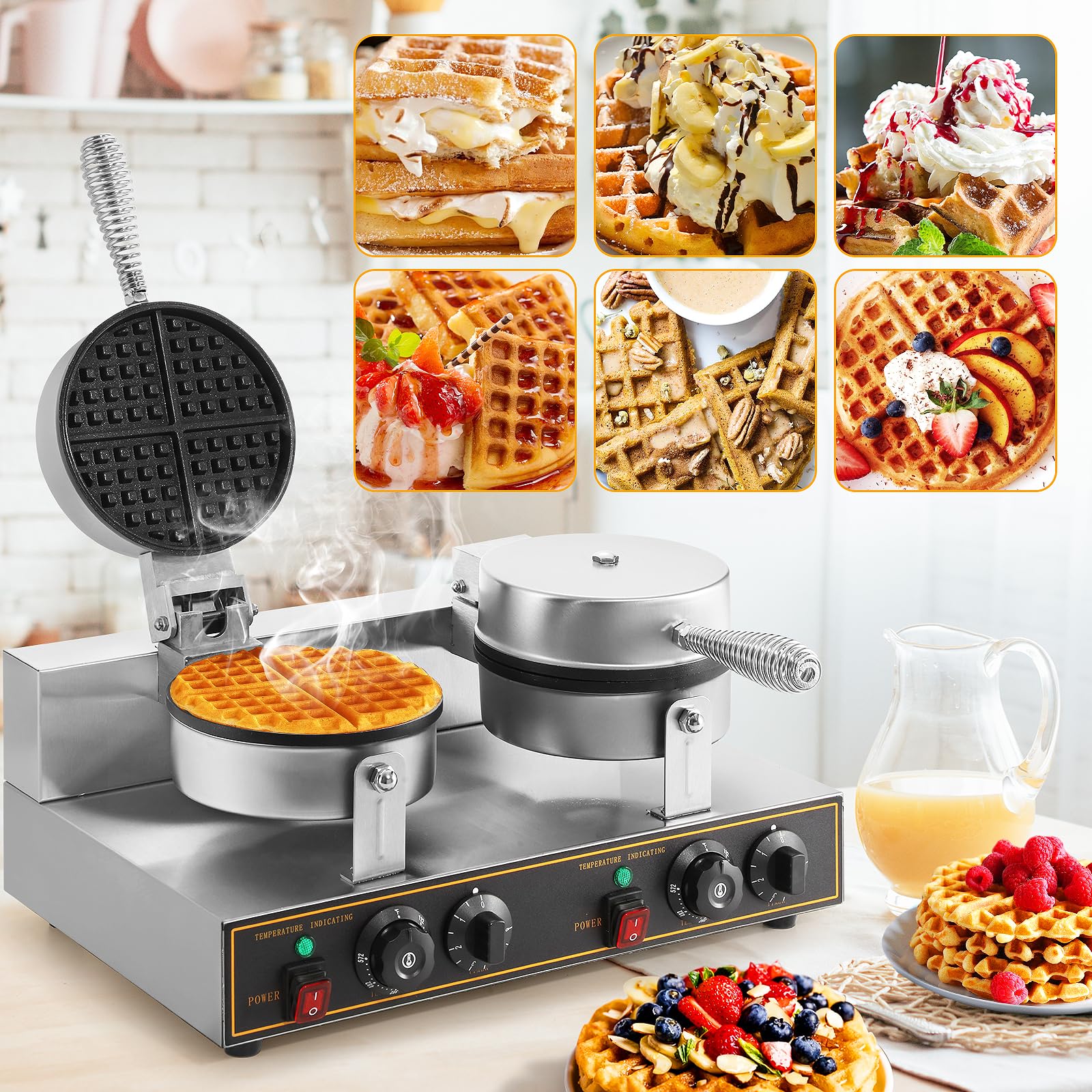 Professional Double Head Waffle Maker Machine 2400W - Commercial Grade Non-Stick Round Waffle Iron 110V for Bakery, Restaurant, Snack Bar & Home Use - Perfect for Breakfast, Brunch & Dessert Making