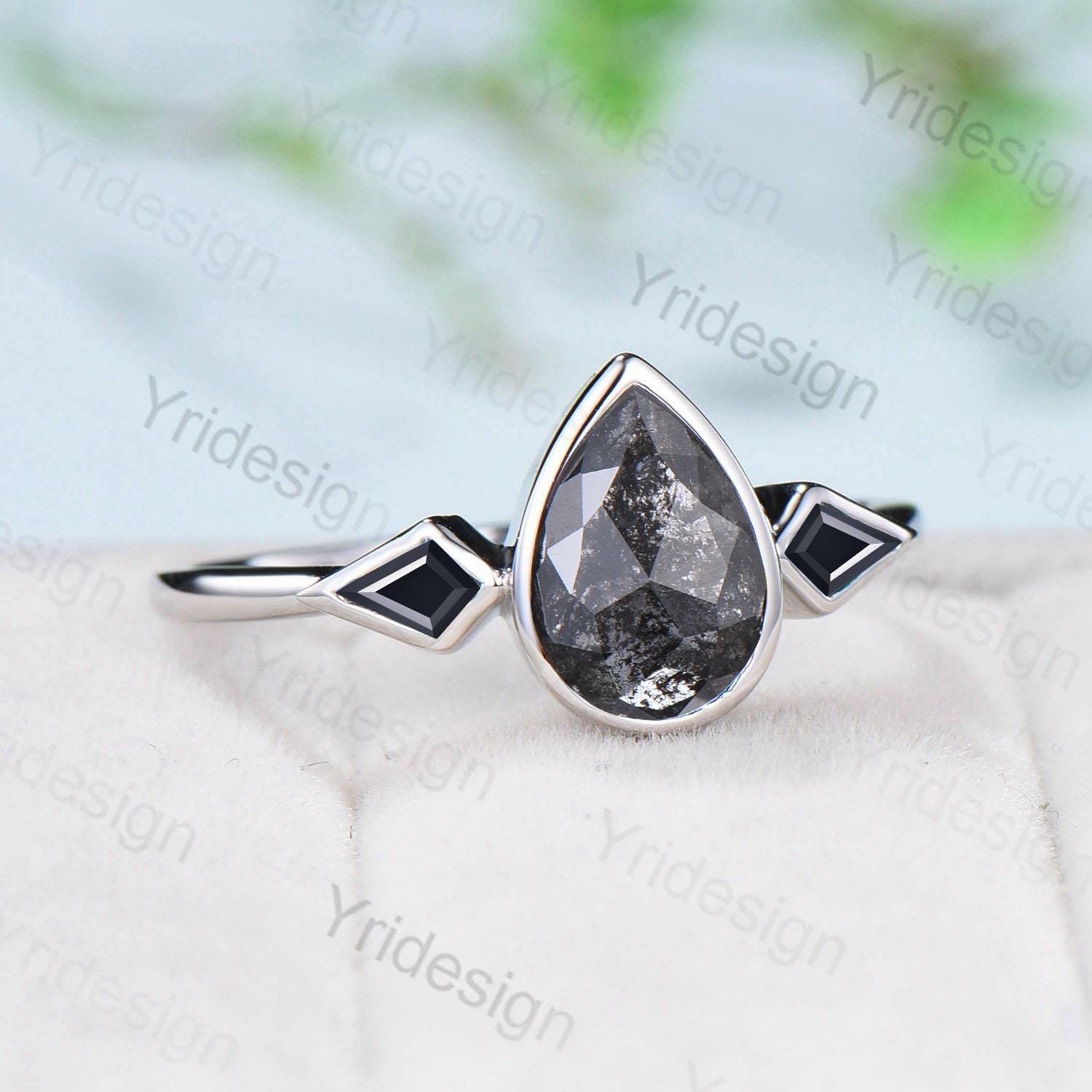 Bezel Set Salt and Pepper Diamond Engagement Ring - Pear Shaped Minimalist Kite Black Spinel Wedding Band for Women - Three Stone Anniversary Jewelry - Perfect for Proposals, Weddings & Special Occasions