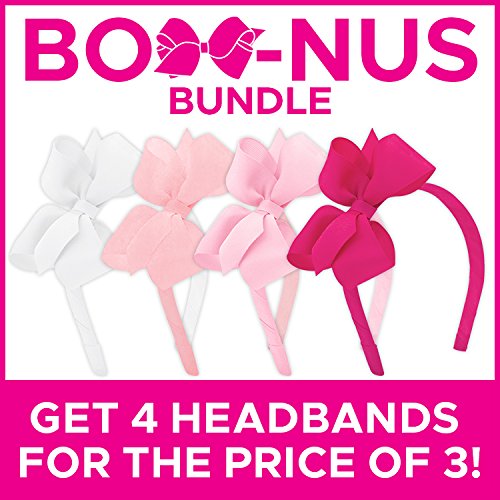 Wee Ones Girls' Classic Grosgrain Headbands with Bows - 4 Pack (White, Light Pink, Pearl, Shocking Pink) - Medium Size Hair Accessories for School, Parties & Everyday Wear