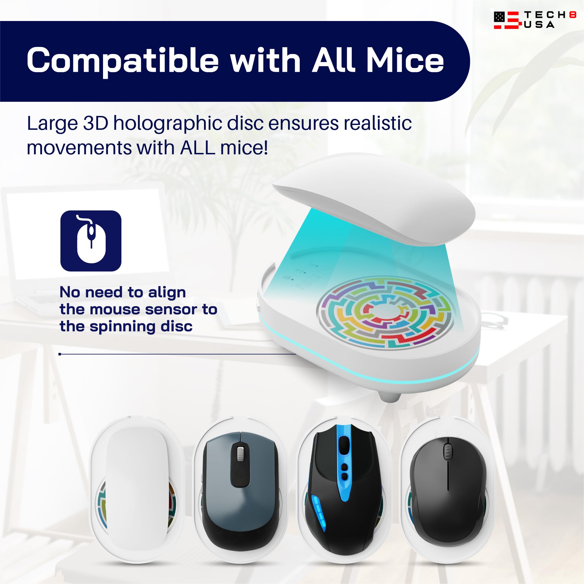 Tech8 USA Mouse Mover Device - Undetectable Mouse Jiggler for Laptops & PC, No Software Needed, Random Movement Technology, Patented Design (Made in USA) - Perfect for Remote Work, Online Meetings & Keeping Computer Active - 3D Hologram Glass Edition
