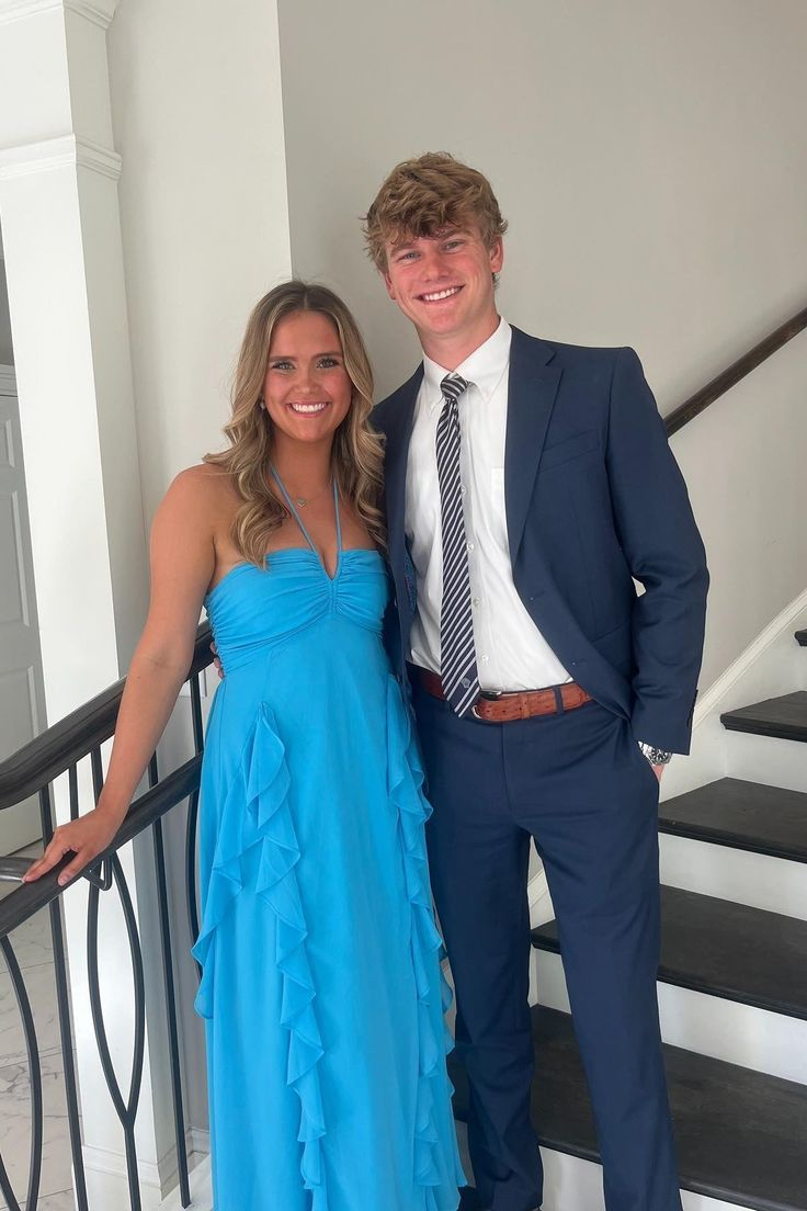 Elegant Halter Blue Ruffle Chiffon Maxi Dress for Prom, Party, or Special Occasions - Flowy Long Formal Gown with Ruffled Details J6013