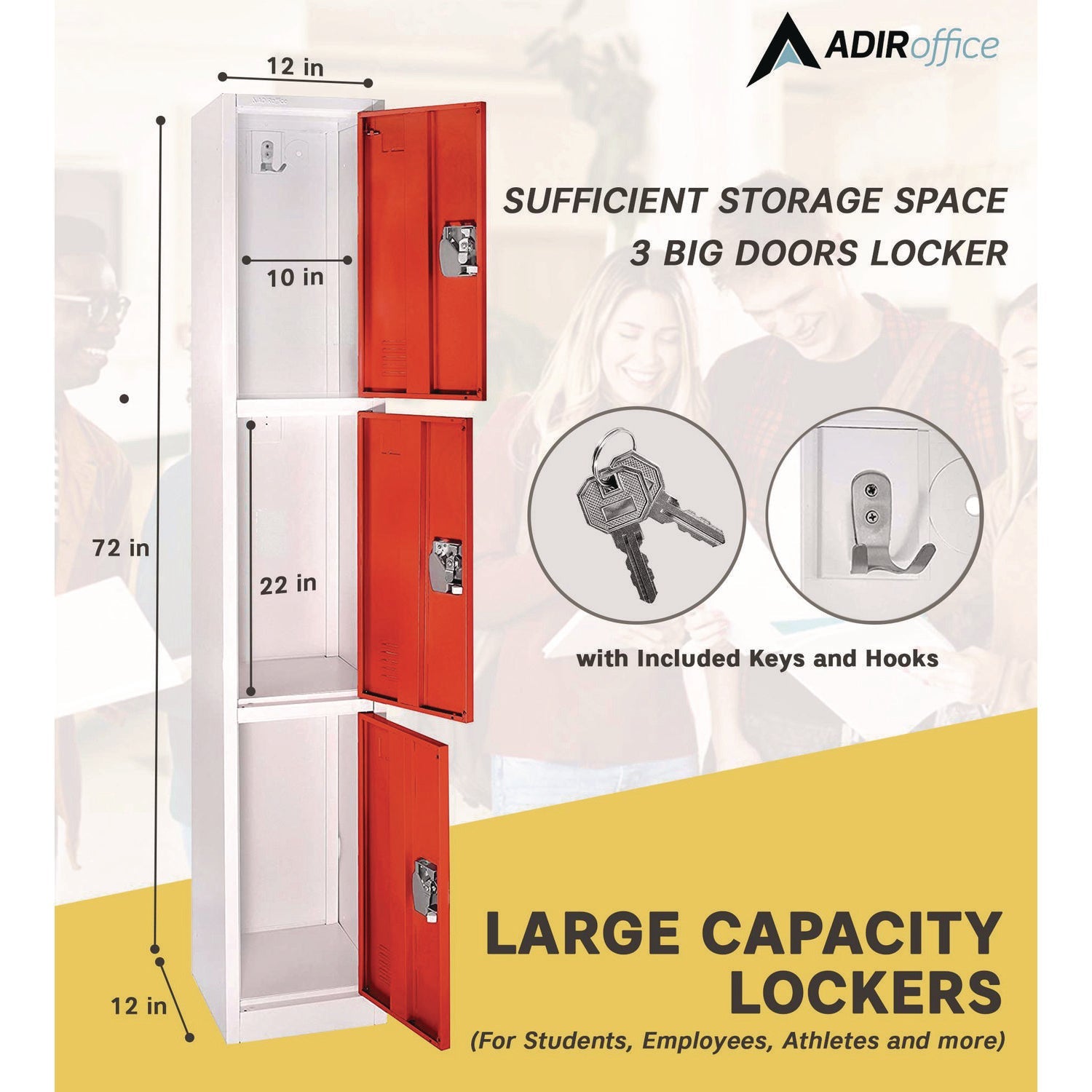 Steel Storage Locker with 3 Compartments - 12x12x72 Inches, Red - Heavy-Duty School, Gym & Office Locker for Secure Storage