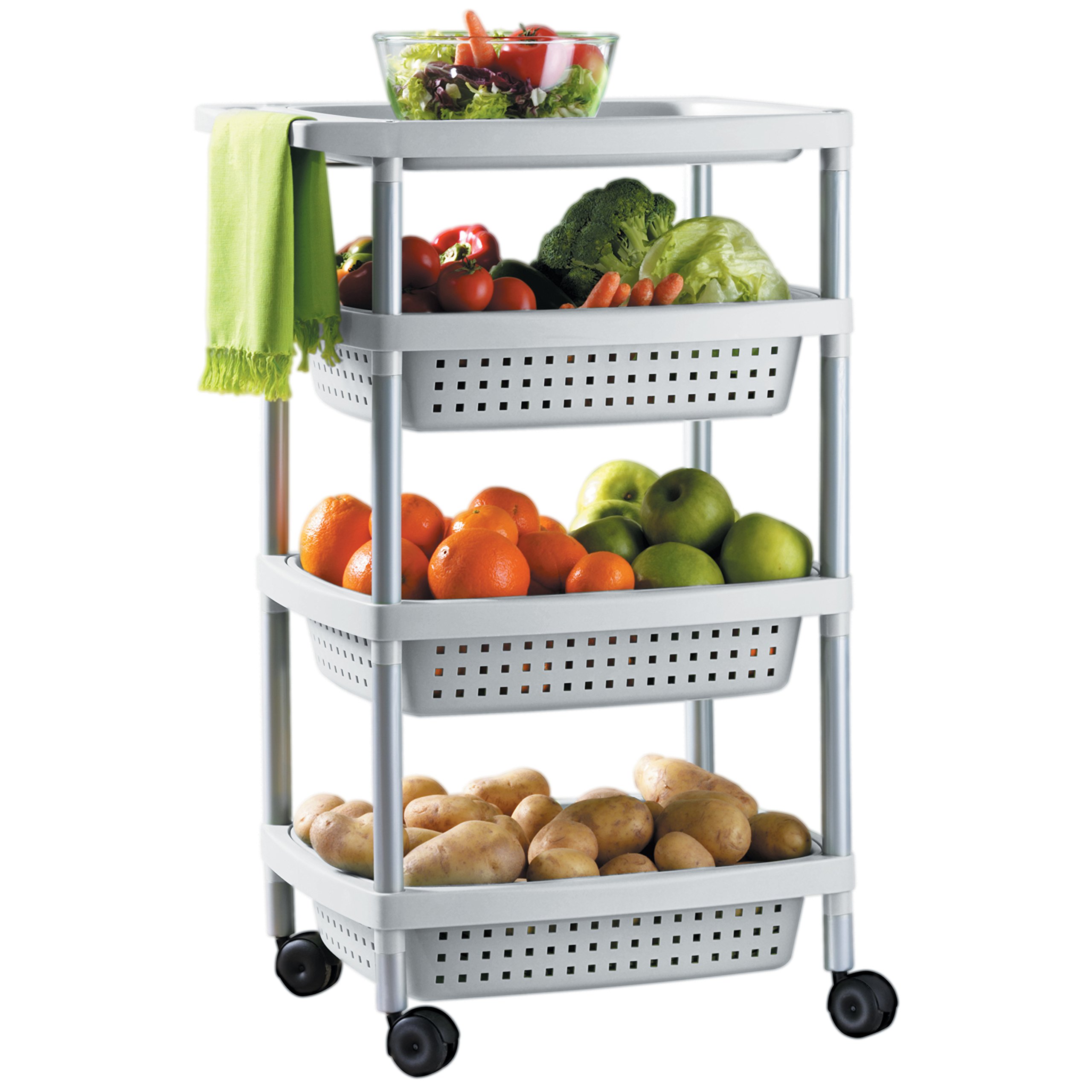 4-Tier Rolling Vegetable Cart - White Kitchen Storage Organizer for Fruits, Veggies & Pantry Items - Perfect for Home, Grocery Store & Farmers Market