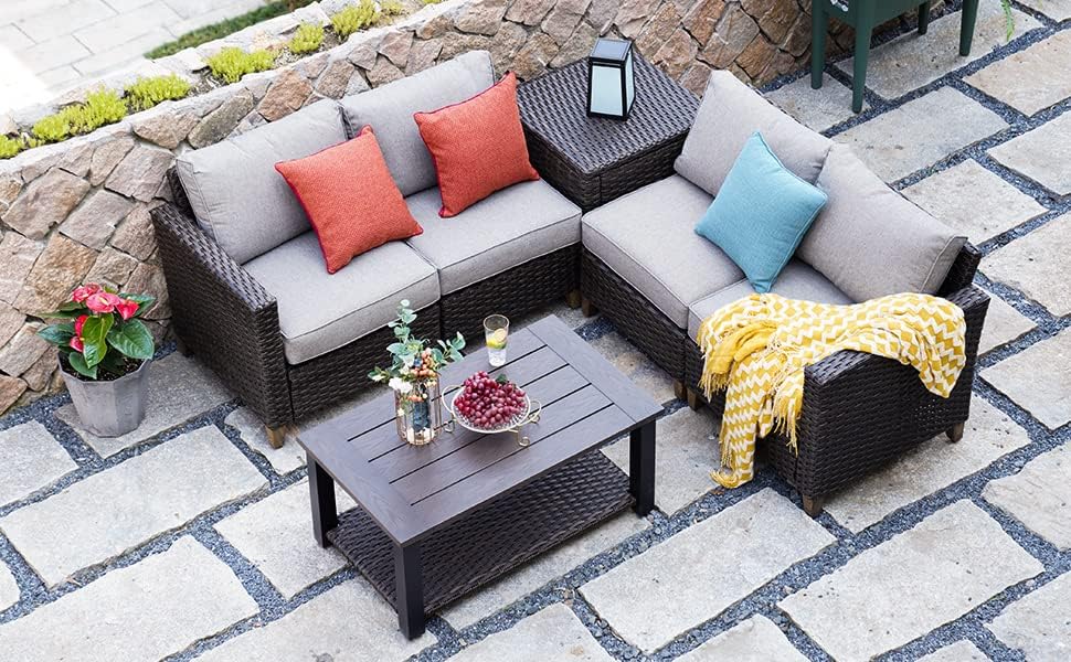 40-inch Modern Outdoor Coffee Table with Wicker Shelf Storage - Rectangle Faux Wood Patio Table for Conversation Sets | Durable Weather-Resistant Design for Backyard, Deck & Poolside Relaxation