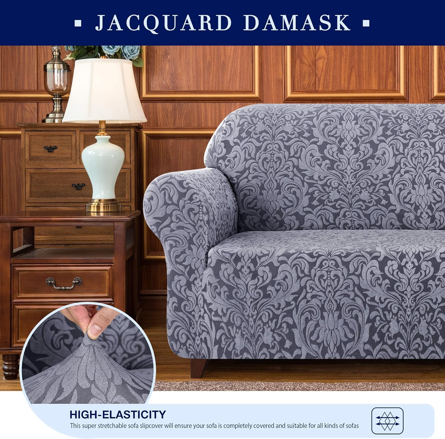 SUBRTEX 1-Piece Jacquard Damask Sofa Slipcover - High Stretch Couch Cover Furniture Protector for Living Room Armchairs, Pet & Kid Friendly (Medium, Grayish Blue) - Perfect for Home Decor, Family Gatherings & Pet Owners
