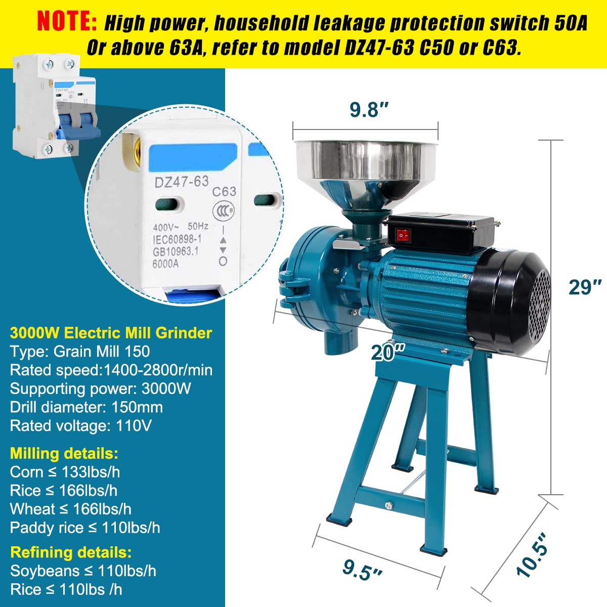 3000W Commercial Electric Grain Grinder - Heavy Duty Wet & Dry Mill for Rice, Corn, Coffee, Wheat - 110V High-Power Cereals Grinder with Funnel - Perfect for Bakeries, Coffee Shops & Home Kitchens