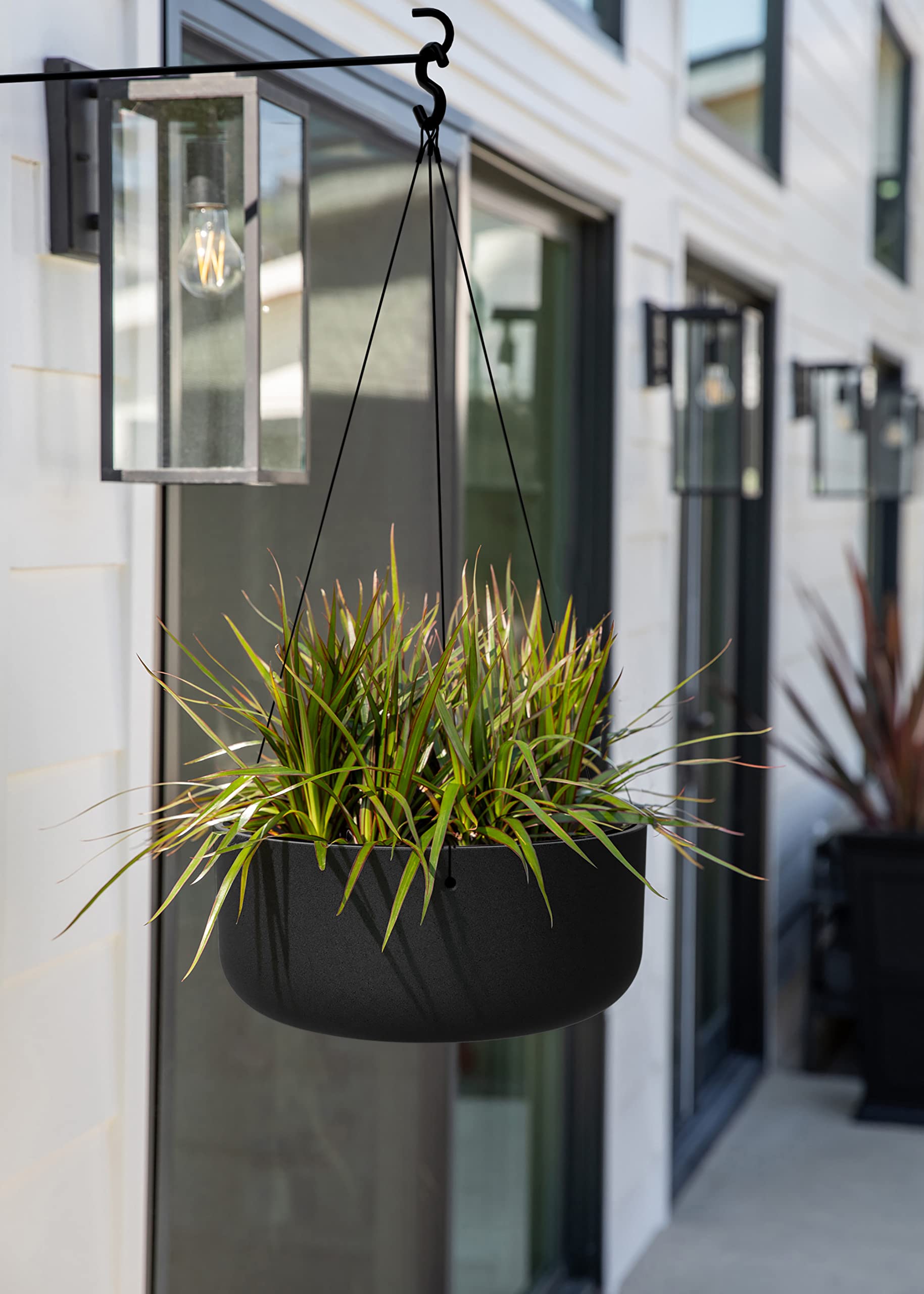 Veradek Mason Series Hanging Kona Bowl Planter - Modern Round Plastic & Concrete Outdoor Planter with Hanging Hook for Flowers, Succulents, Small Plants - Perfect for Balcony, Patio, Garden Decor and Vertical Gardening