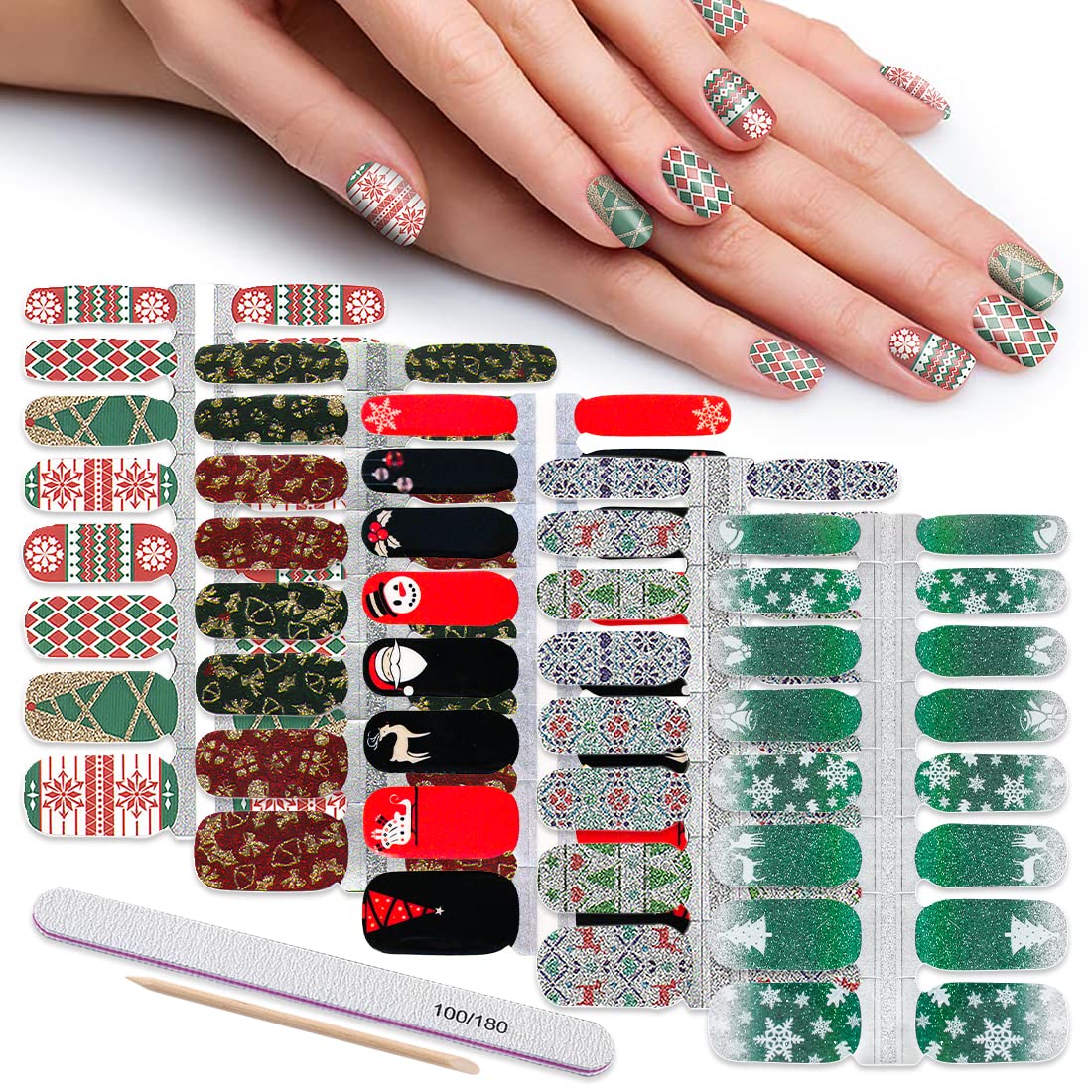 DANNEASY Christmas Nail Polish Strips - 5 Sheets Glitter Nail Stickers, Self-Adhesive Nail Wraps with Nail File for Women | Perfect for Holiday Parties, Gift Giving & DIY Nail Art