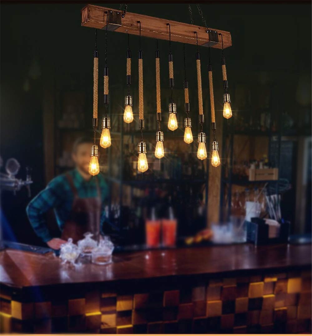 NIUYAO Industrial Retro Rustic Linear Wooden Island Pendant Light - Adjustable 10-Light Chandelier for Kitchen, Dining Room, Bar & Living Room | Farmhouse Ceiling Lighting Fixture | Perfect for Kitchen Islands, Breakfast Nooks & Open Concept Spaces
