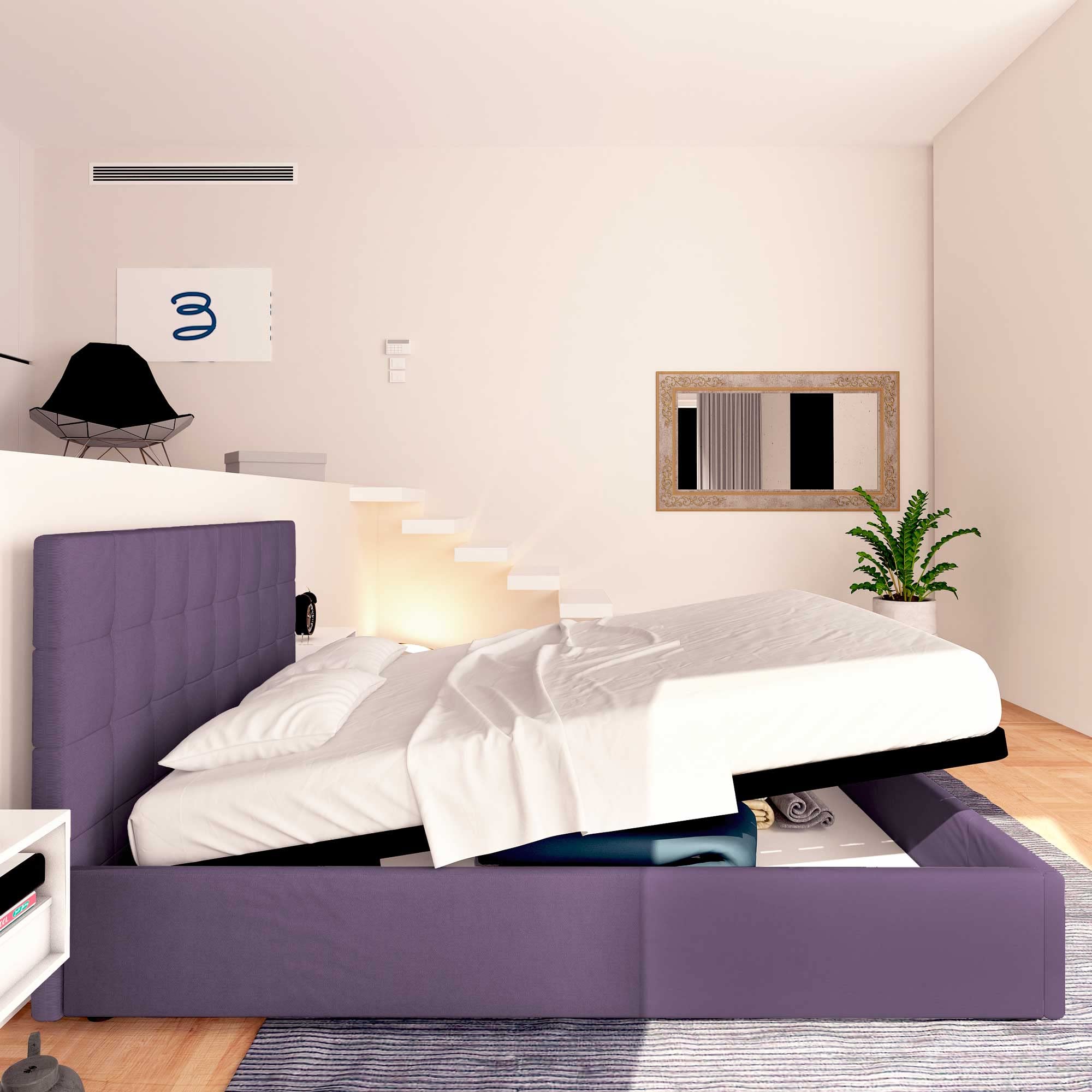 Baldiflex Square and Half Bed with Storage, Dublin Fabric Model, Slatted Base for Square and Half Mattresses, 120 x 190 cm, Elegant Purple Headboard - Perfect for Small Bedrooms, Guest Rooms & Space-Saving Solutions