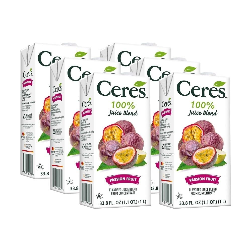 **Ceres 100% Natural Passion Fruit Juice Blend - Gluten Free, Vitamin C Rich, No Added Sugar or Preservatives, Cholesterol Free - 33.8 Fl Oz (Pack of 6) | Perfect for Smoothies, Cocktails & Healthy Hydration**