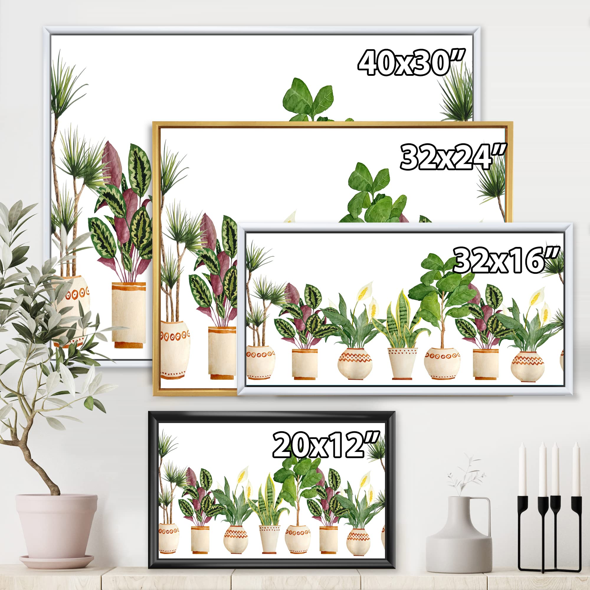 DesignQ Trio of Houseplants Sansevieria Snake Plant - Farmhouse Style Framed Canvas Wall Art Print for Living Room, Bedroom & Office Decor