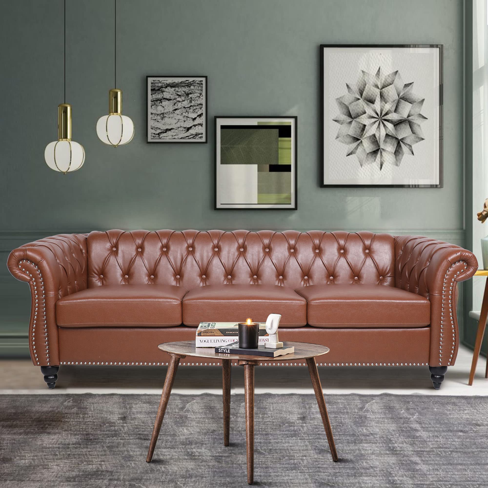 Premium Faux Leather Chesterfield Sofa - 3 Seater Tufted Couch with Rolled Arms & Nailhead Trim for Living Room, Bedroom, Office | Classic Brown Leather Look | Perfect for Home Decor, Entertaining Guests & Relaxing