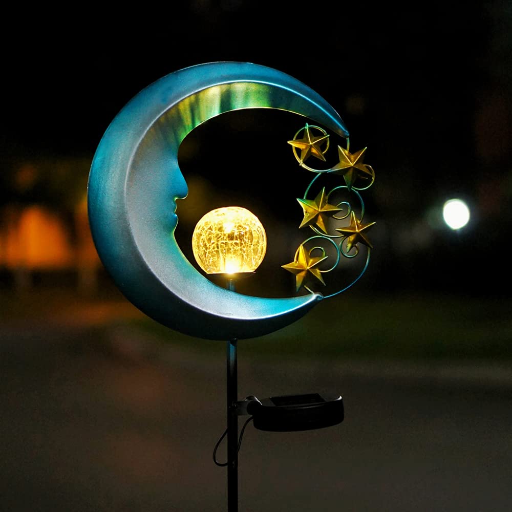 Solar Powered Moon Lights for Outdoor Garden - Waterproof Crackle Glass Ball with Golden Stars, Pathway Stake Lights for Lawn, Patio, Yard Decor (1 Pack, Blue) - Perfect for Romantic Nights, Wedding Decor & Backyard Ambiance