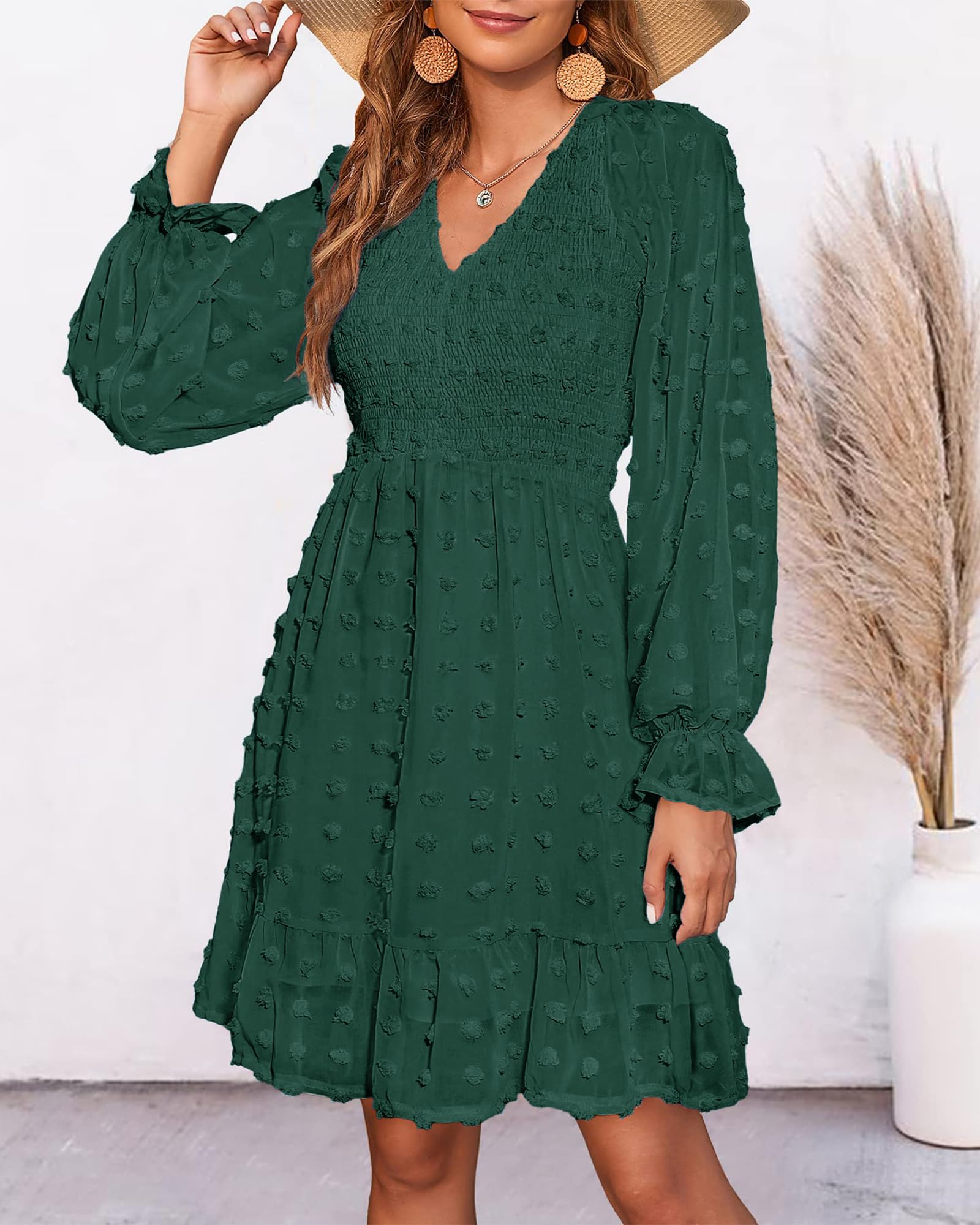 BTFBM Women's Smocked Short Dress - V Neck Long Sleeve Swiss Dot Ruffle Chiffon Flowy Mini Dress for Spring Summer 2025 | Casual Outfit for Brunch, Date Night & Beach Vacation
