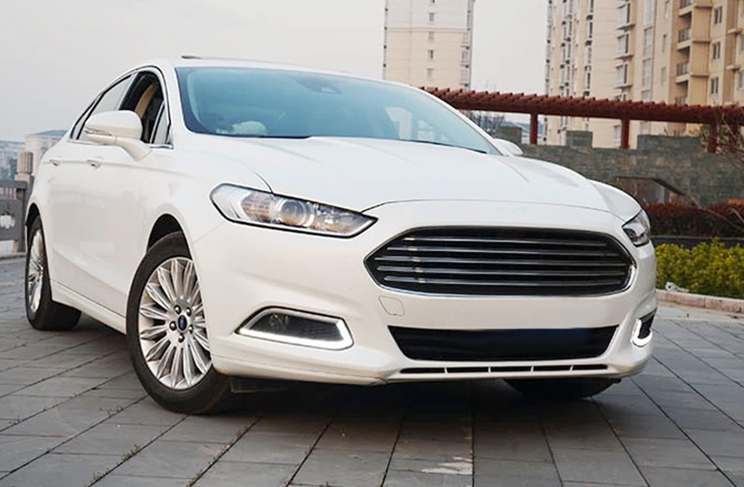 iJDMTOY LED Daytime Running Lights & Halogen Fog Lamp Kit for 2013-2016 Ford Fusion - Includes DRL Fog Bezels, Halogen Fog Lights & Wiring Harness - Perfect for Enhanced Visibility & Style on Night Driving and Bad Weather Conditions