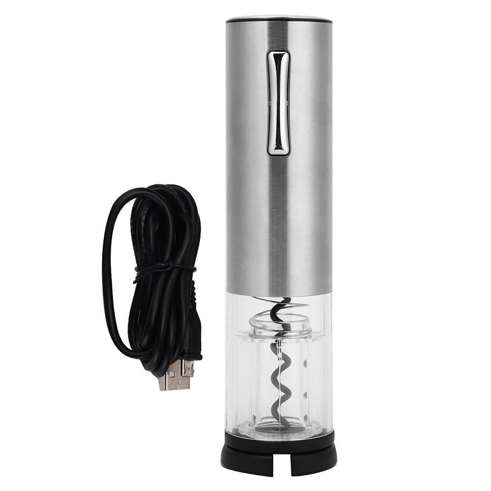 USB Rechargeable Electric Wine Bottle Opener - Automatic Corkscrew with LED Blue Light, Silver Stainless Steel for Home Bar, Parties & Gifts