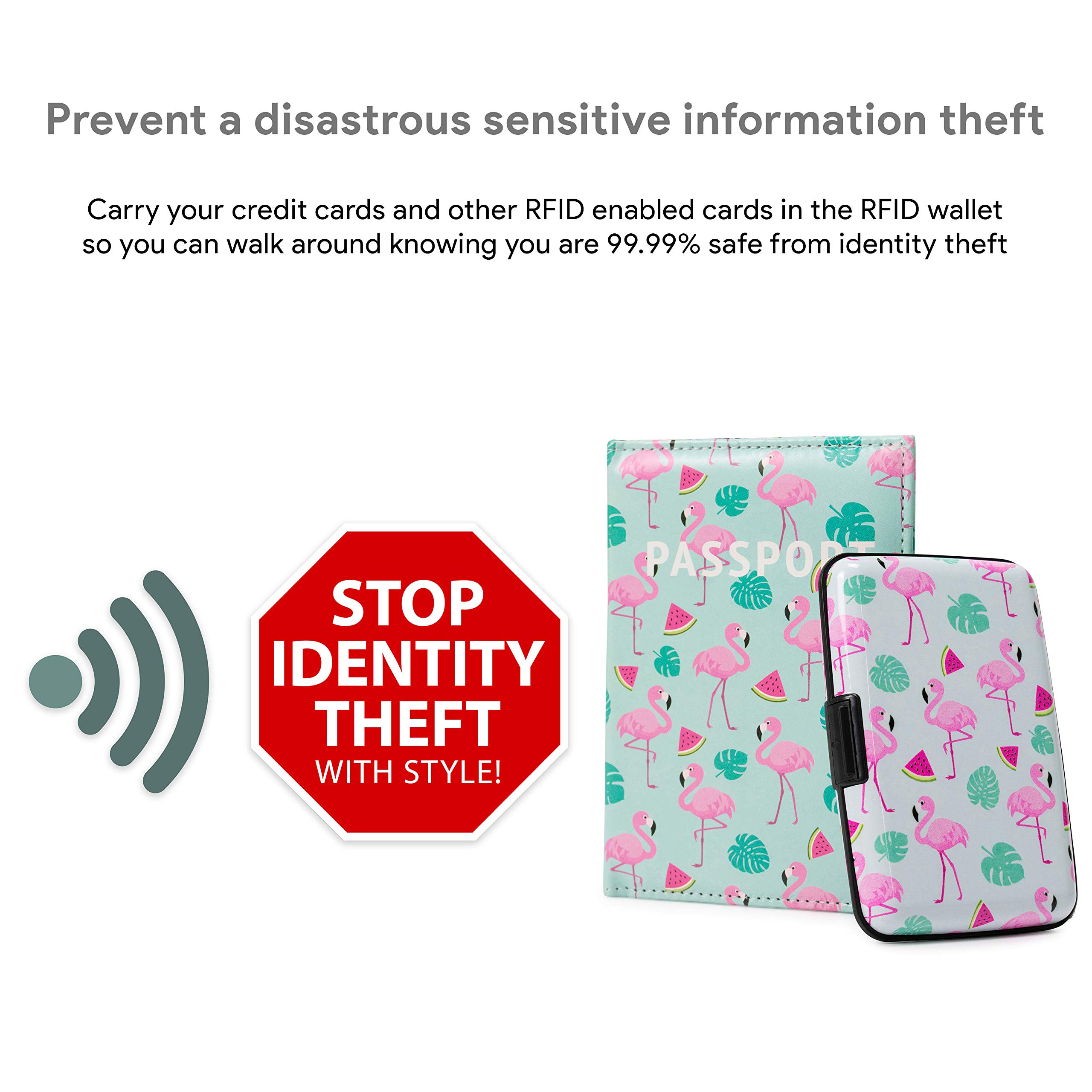 Pink Flamingo & Watermelon Plastic Wallet and Passport Holder Set - Travel Accessories for Women, Girls, Vacation & Beach Trips